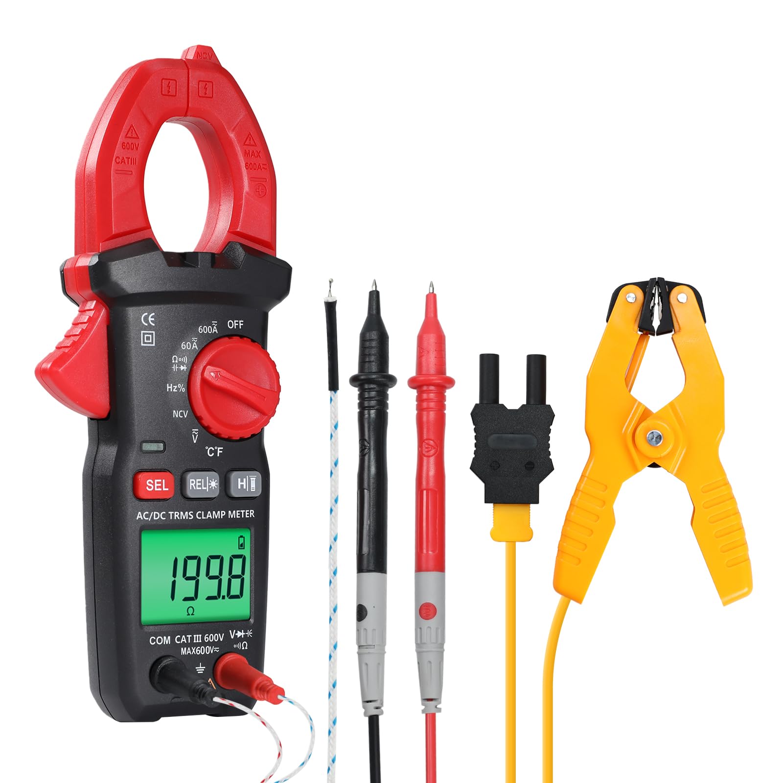Pinza Amperometrica Multimetro Corrente AC/DC con Sonda Temperatura, Tester NCV Tensione Senza Contatto, Auto-Range 6000 Counts, Frequenza, Resistenza, Capacità – Per HVAC, Auto, Elettricità
