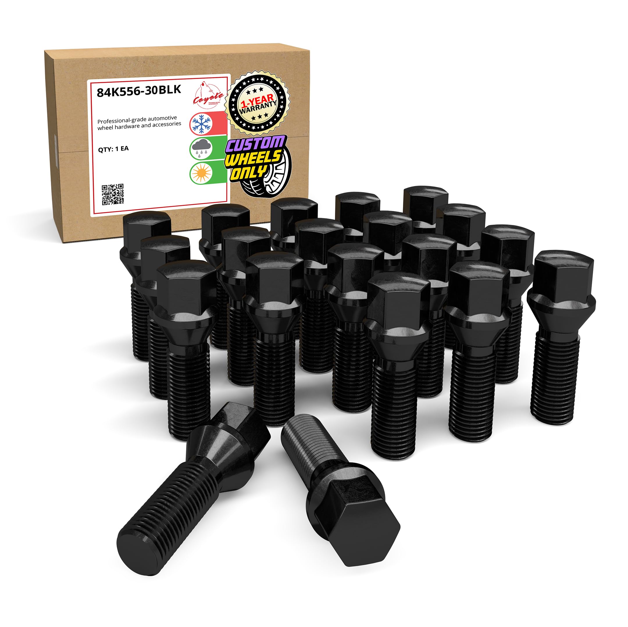 Wheel Accessories Parts Set of 20 Black 14x1.5 Lug Bolts Conical Seat with 17mm Hex, 30 mm Shank Length, Acorn Seat Lug Bolt Designed for Aftermarket Wheels (20 Bolts, Black, M14x1.5/14 1.5)