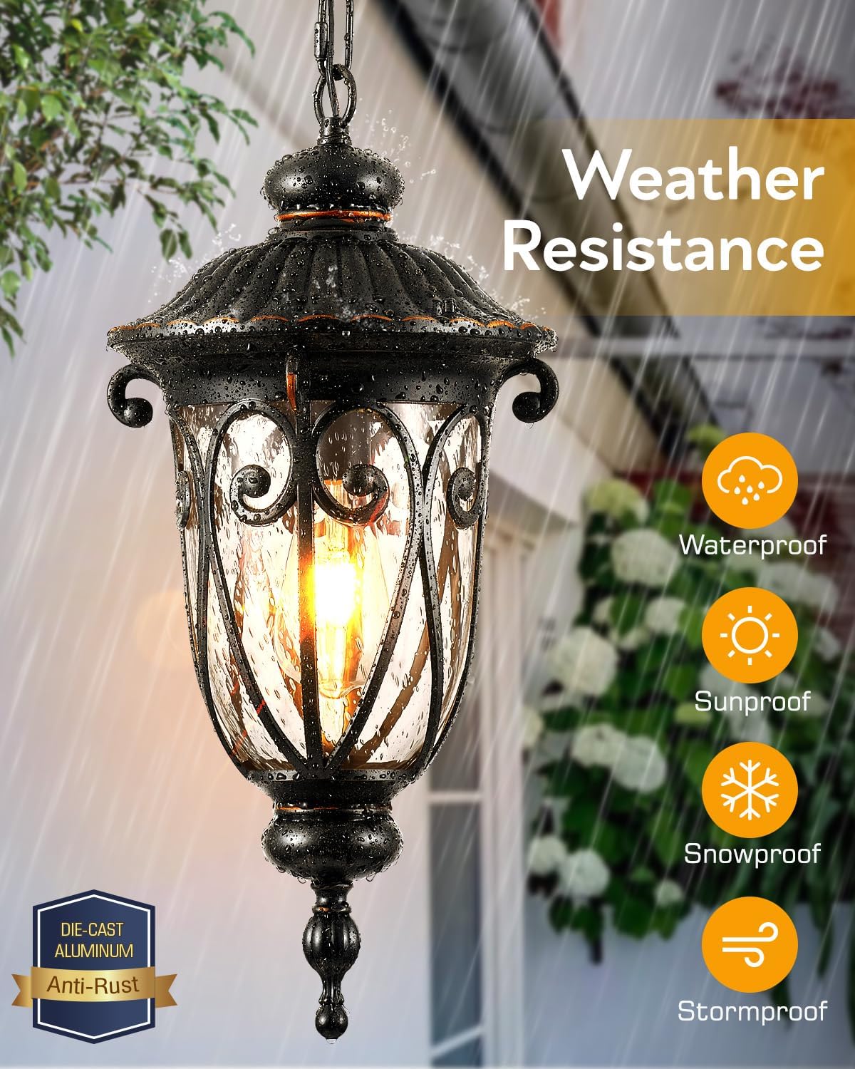 VIANIS Large Outdoor Pendant Light, Vintage Outdoor Chandelier, Farmhouse Waterproof Hanging Lights with Seed Glass, Ceiling Lights for Porch, House, Garden, Doorway, Anti-Rust