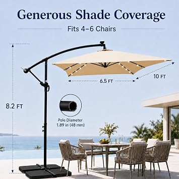 10x6.5FT Patio Umbrella, Outdoor Offset Umbrella with Cross Base and Crank, Rectangular Cantilever Umbrella with Solar Lights, Hanging Market Umbrella with 6 Rids for Pool, Deck, Backyard (Tan)