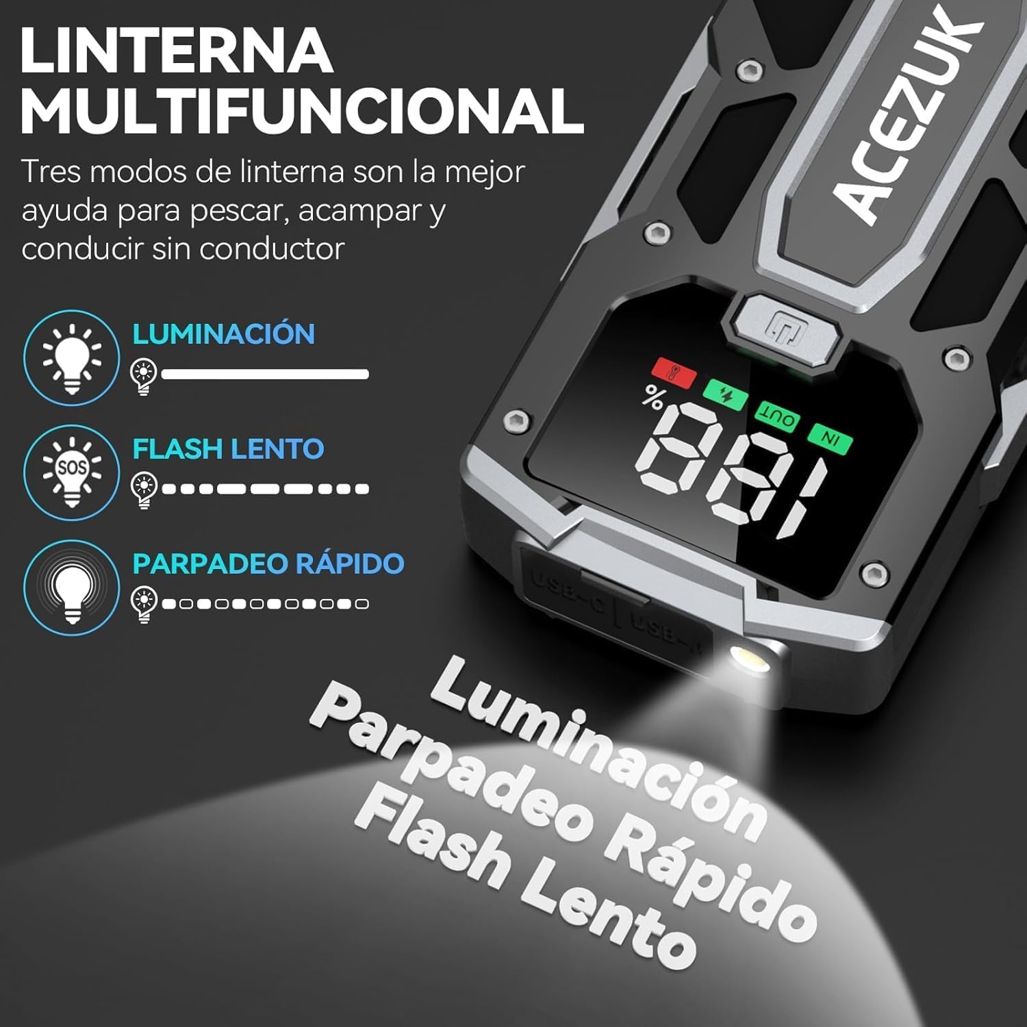 ACEZUK Arrancador de Coches 7000A, 12V Arrancador de Baterias de Coches (para 5.5L Disésel o 7.0L Gas), Jump Starter con 2.5 Inch Pantalla LCD, Clips de Seguridad Inteligentes, Luz LED