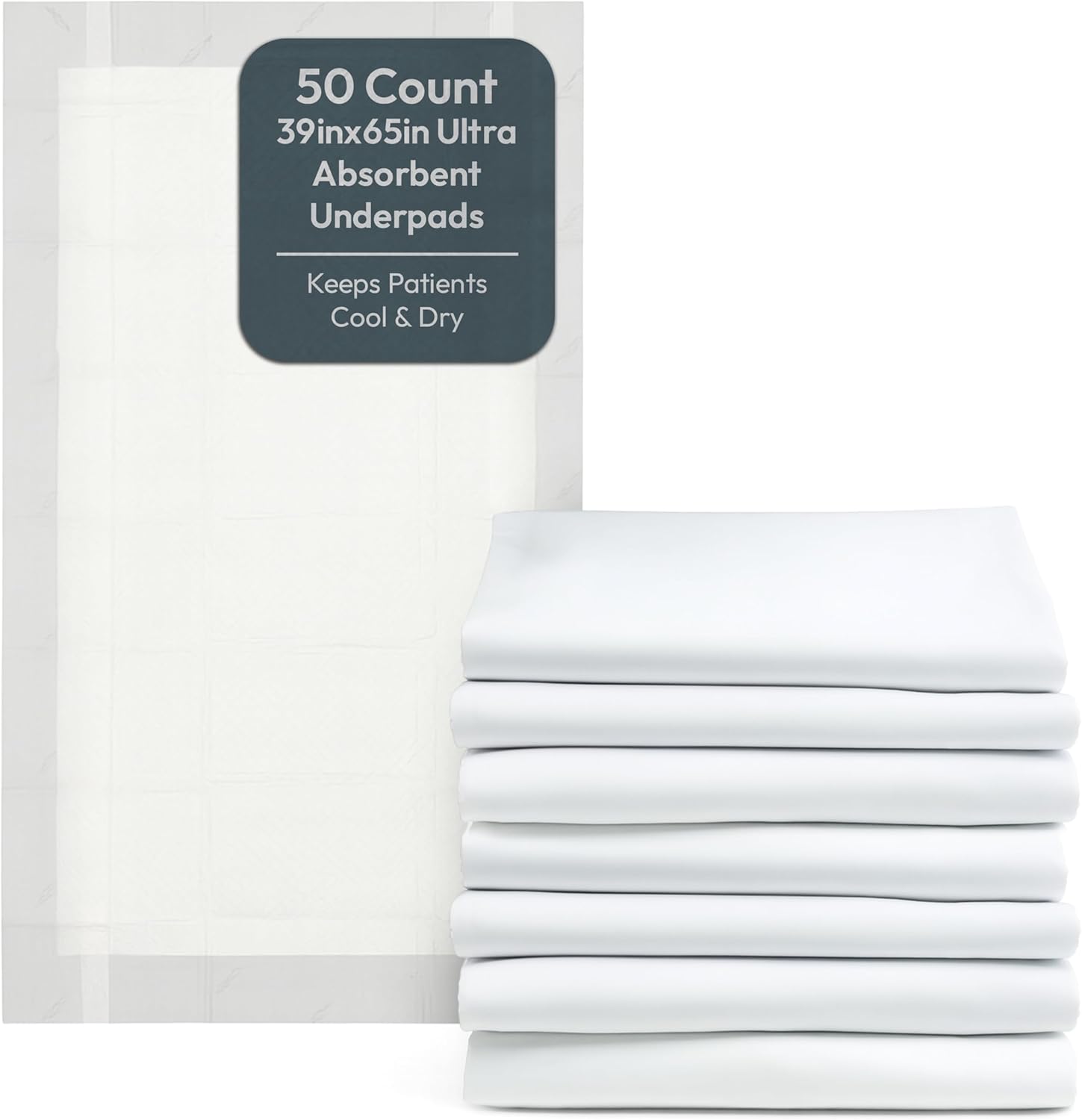 HoverCover Disposable Underpads – Full Length 39"x65" (50 per Case) | Bed Pads for Elderly | Ultra Absorbent, Protective, Breathable Chux Pads | Keeps Patient Cool and Dry | White
