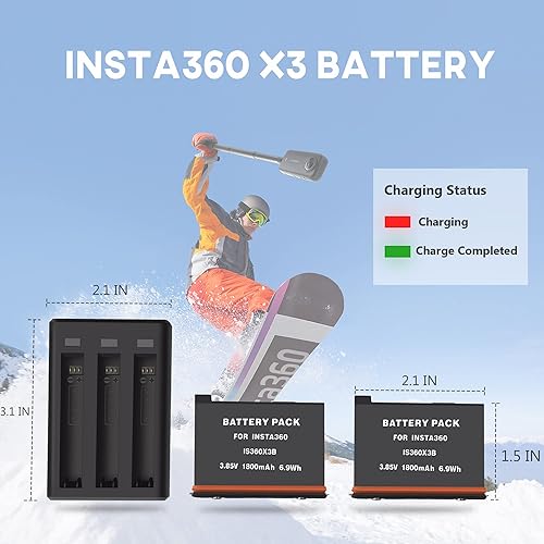 Miniatura 3 de Batería de repuesto para Insta360 X3 y concentrador de cargador de batería USB-C de 3 canales paquete de 2 baterías recargables de 1800 mAh