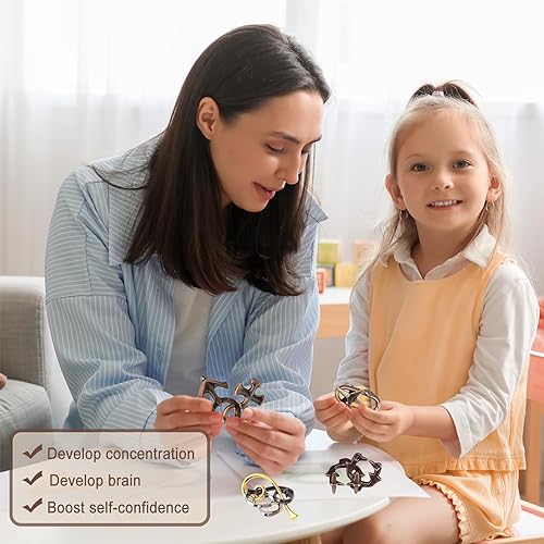 Miniatura 19 de Juego de rompecabezas de metal y madera de 16 piezas, rompecabezas de lógica y anillo desafiantes para adultos, regalo entretenido y reflexivo para