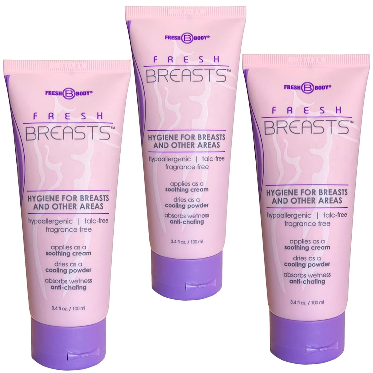 Fresh Body Fresh Breasts Anti-Chafing Deodorant Lotion to Powder, 3.4 Fl Oz (3 Pack) Anti Chafing Whole Body Deodorant for Women, Under Boob Sweat & Inner Thighs - No Talc, Aluminum and Fragrance