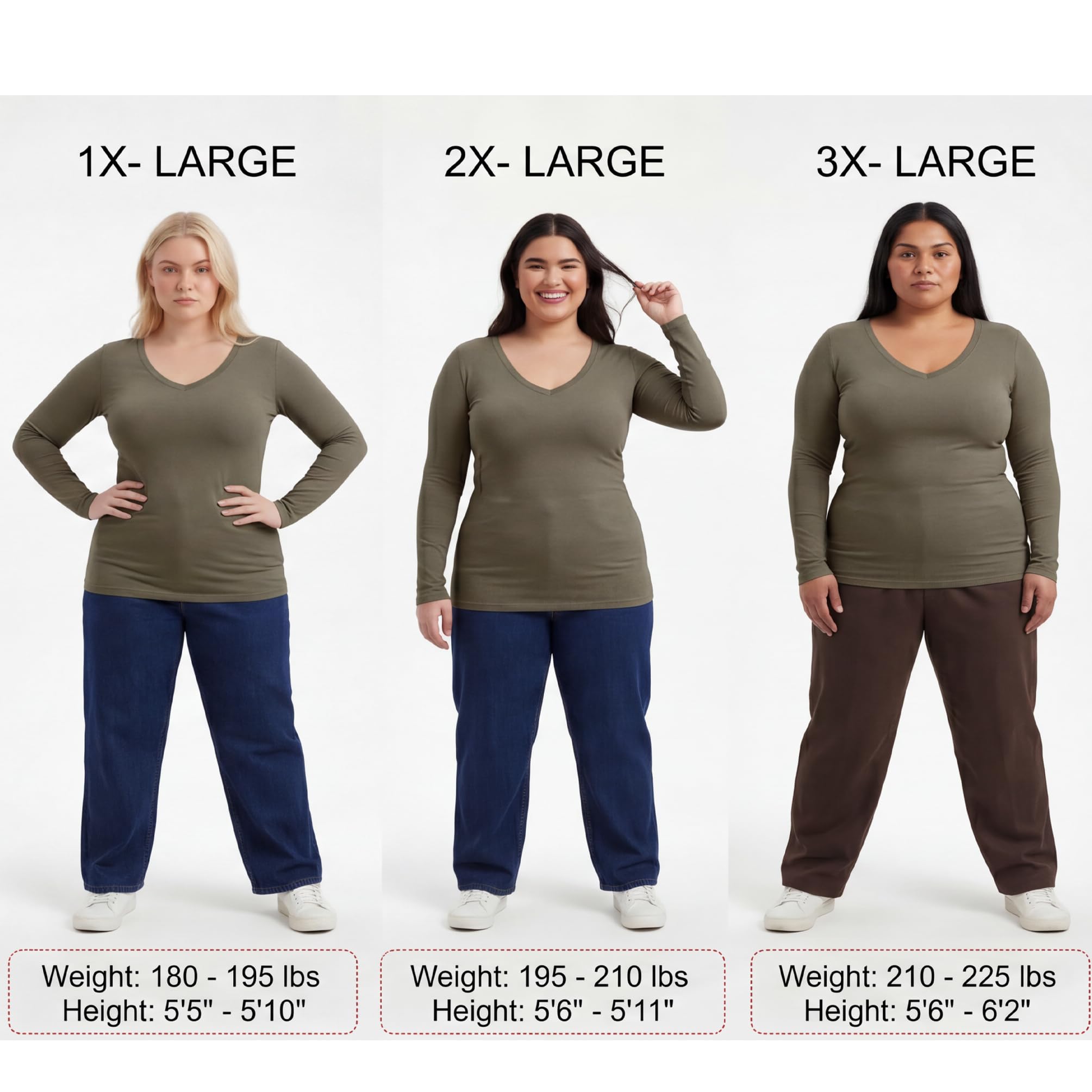 Emmalise T-shirt à manches longues et col en V pour femme Junior et grande taille, Lot de 4 - Bleu marine, noir, gris H, blanc, Taille L