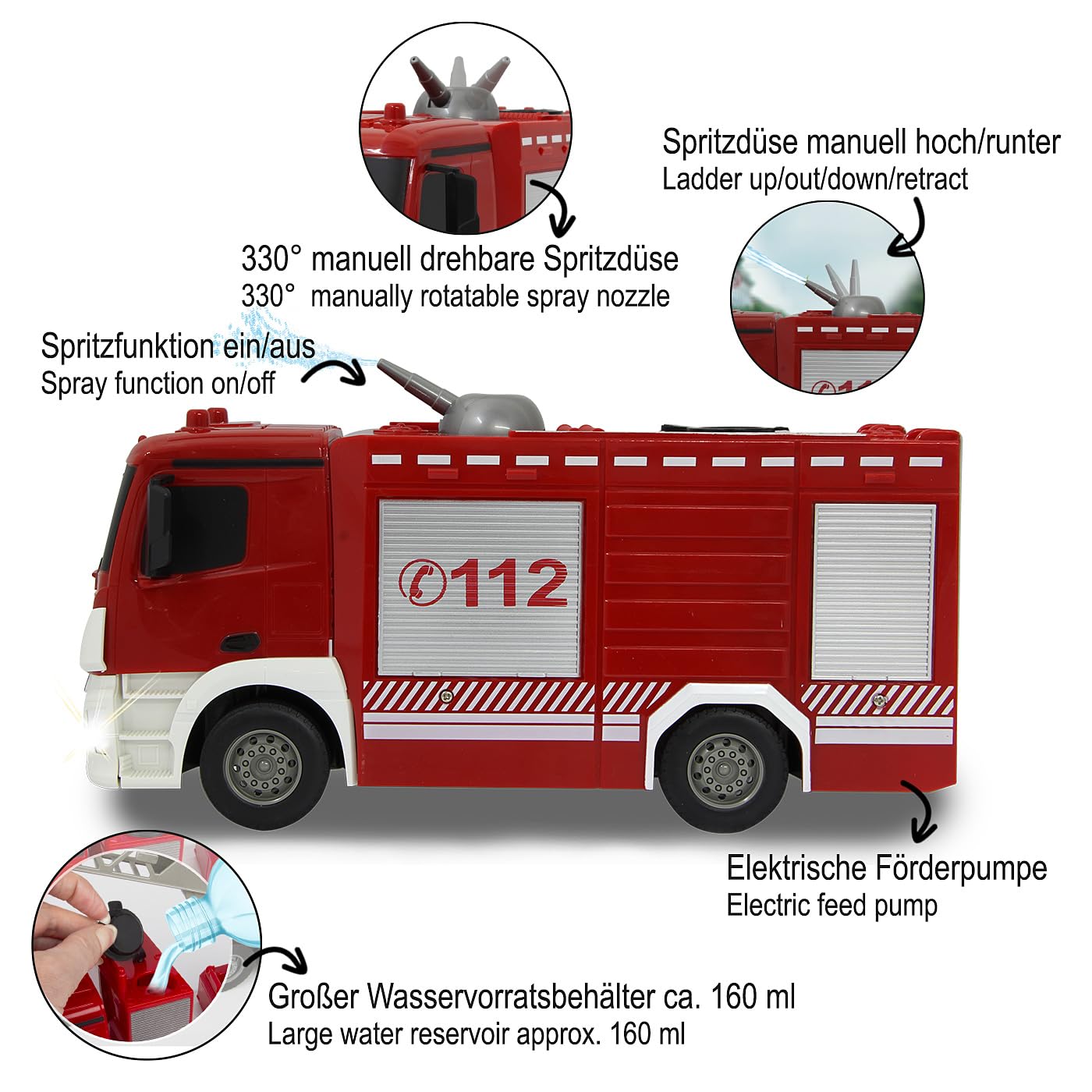 Jamara 404970 Straż pożarna TLF Mercedes-Benz Antos 1:26 2,4GHz-360° ręcznie obracana dysza natryskowa w górę/w dół, prawdziwa funkcja spryskiwania, światło z przodu, zbiornik na wodę 160 ml, czerwony
