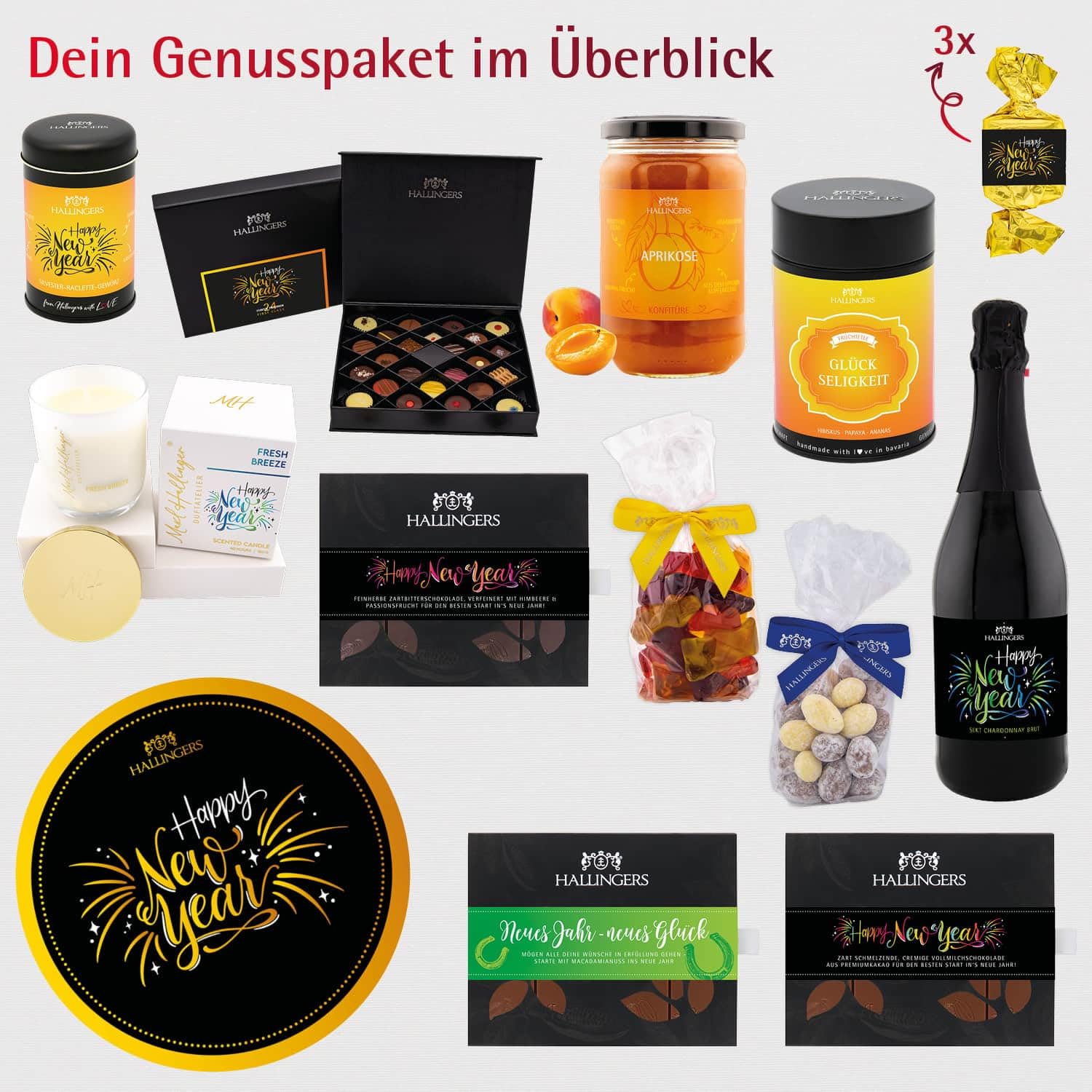 Hallingers Genuss Manufaktur Feinkost Weihnachts-Geschenk-Set - XXL-Geschenkkorb "Happy New Year" große Selektion Sekt, Konfitüre, Duftkerze, Nougat, Schoki, Pralinen & mehr, Weihnachten für Frauen