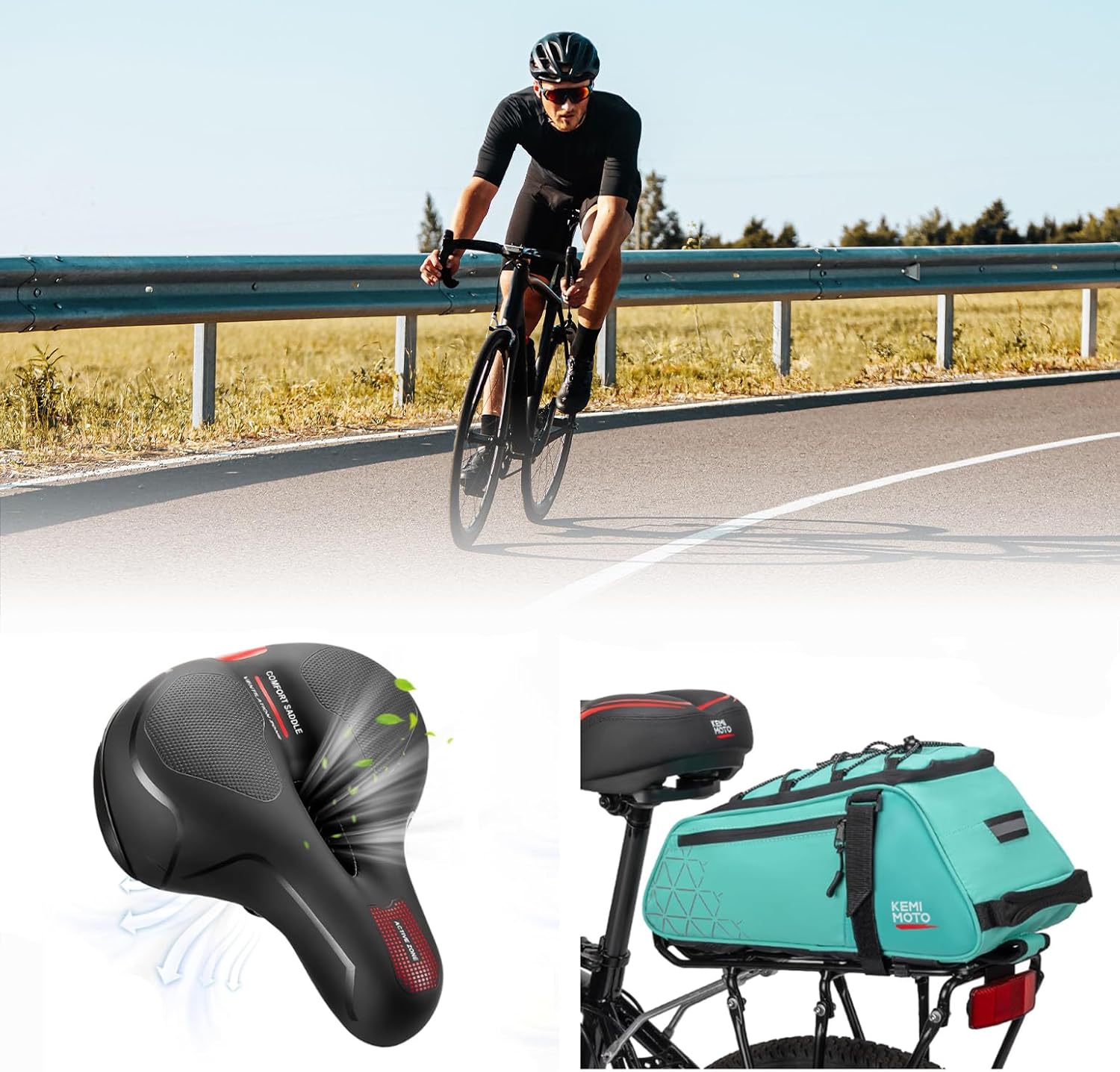 KEMIMOTO Bike Seat Cushion with Soft Foam Padded and 8L Rear Bike Rack Bag PVC for Ebike