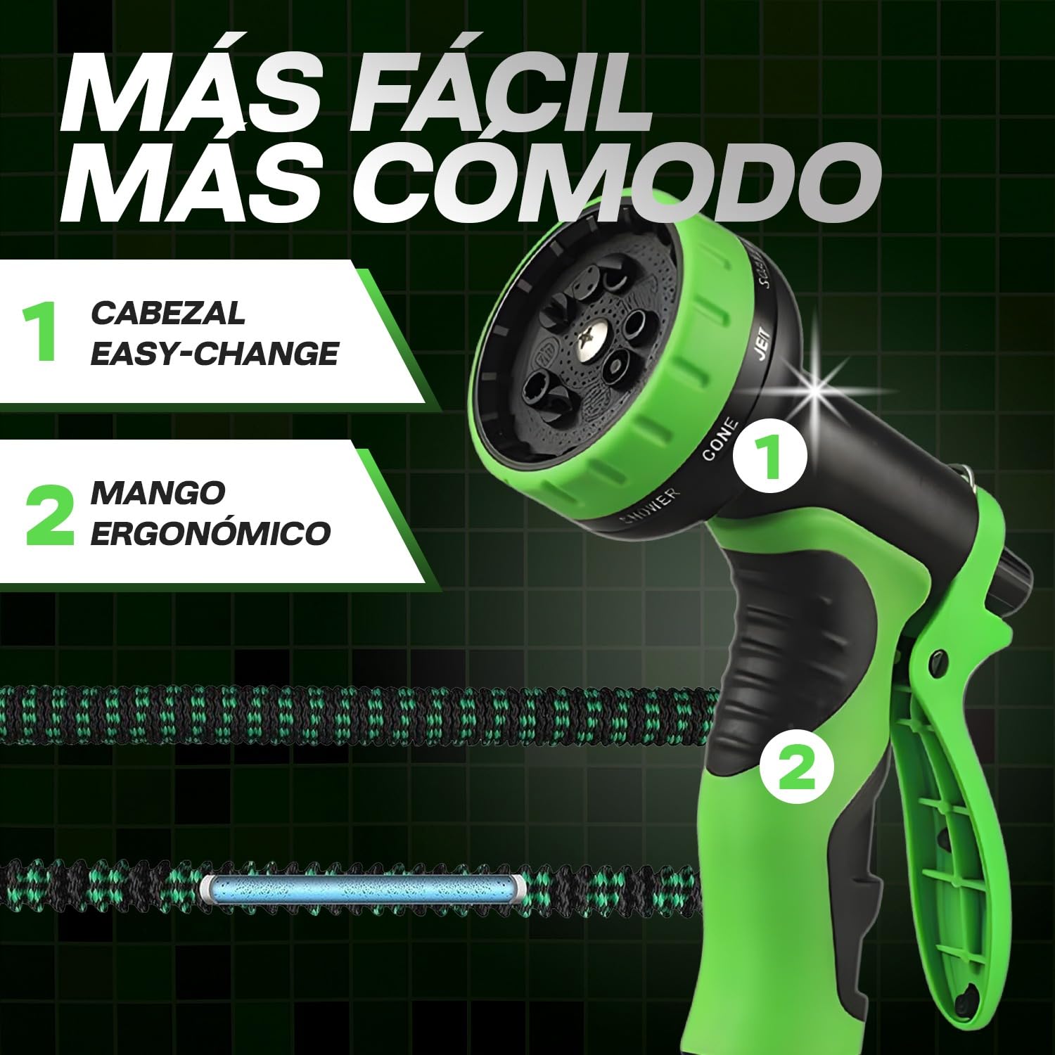 Manguera jardin extensible de 15 metros retráctil y sin nudos – manguera extensible ligera con pistola 10 funciones, sin fugas y fácil de guardar – para riego, exterior, coche y mascotas