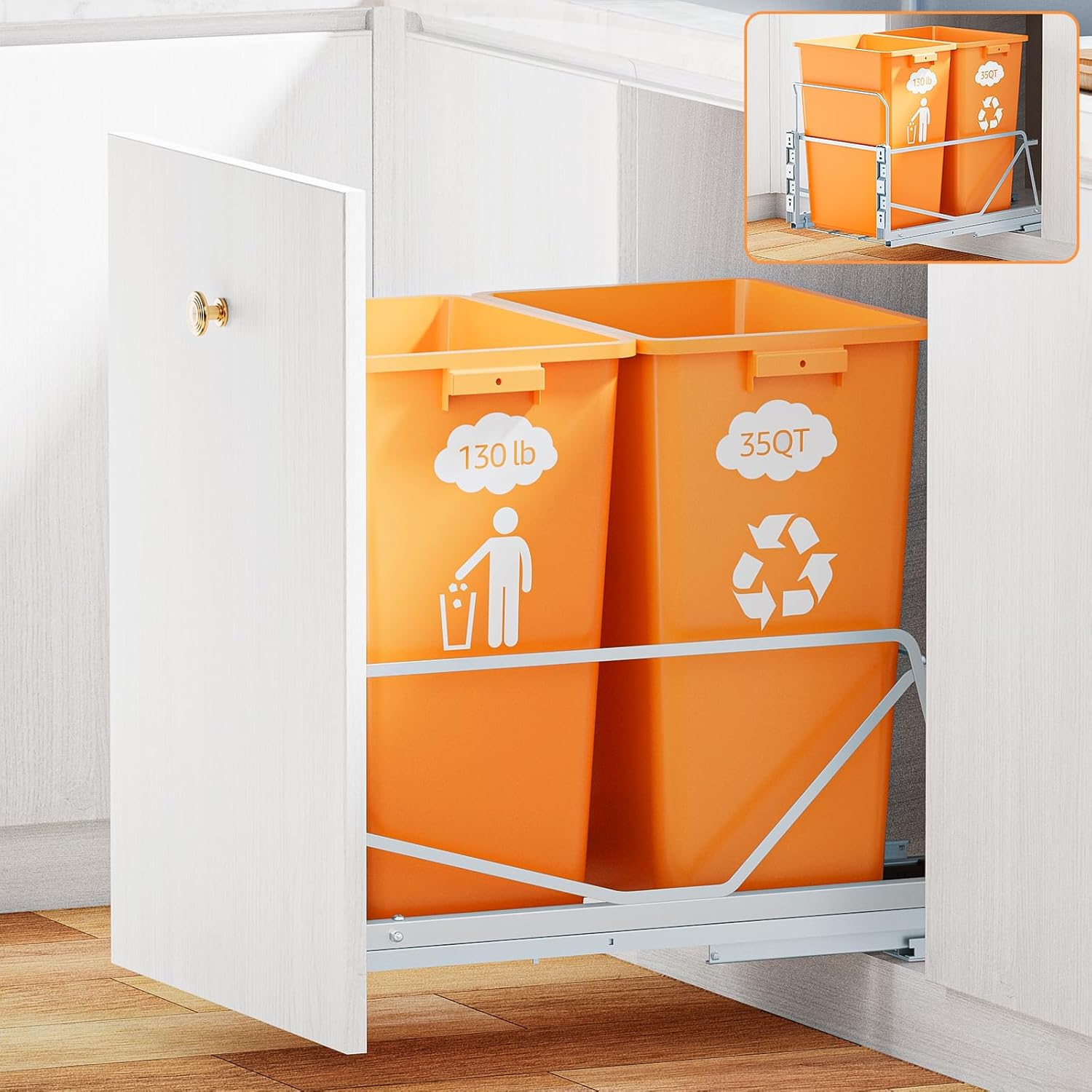 35 Qt Double Pullout Trash Can with Soft-Close Slides, Twin Mode Under Sink Garbage Bin Kit with Door Mounting for Kitchen Cabinets, Trash Can Not Included, Requires 16" W X 23" D Cabinets Double with dual setup