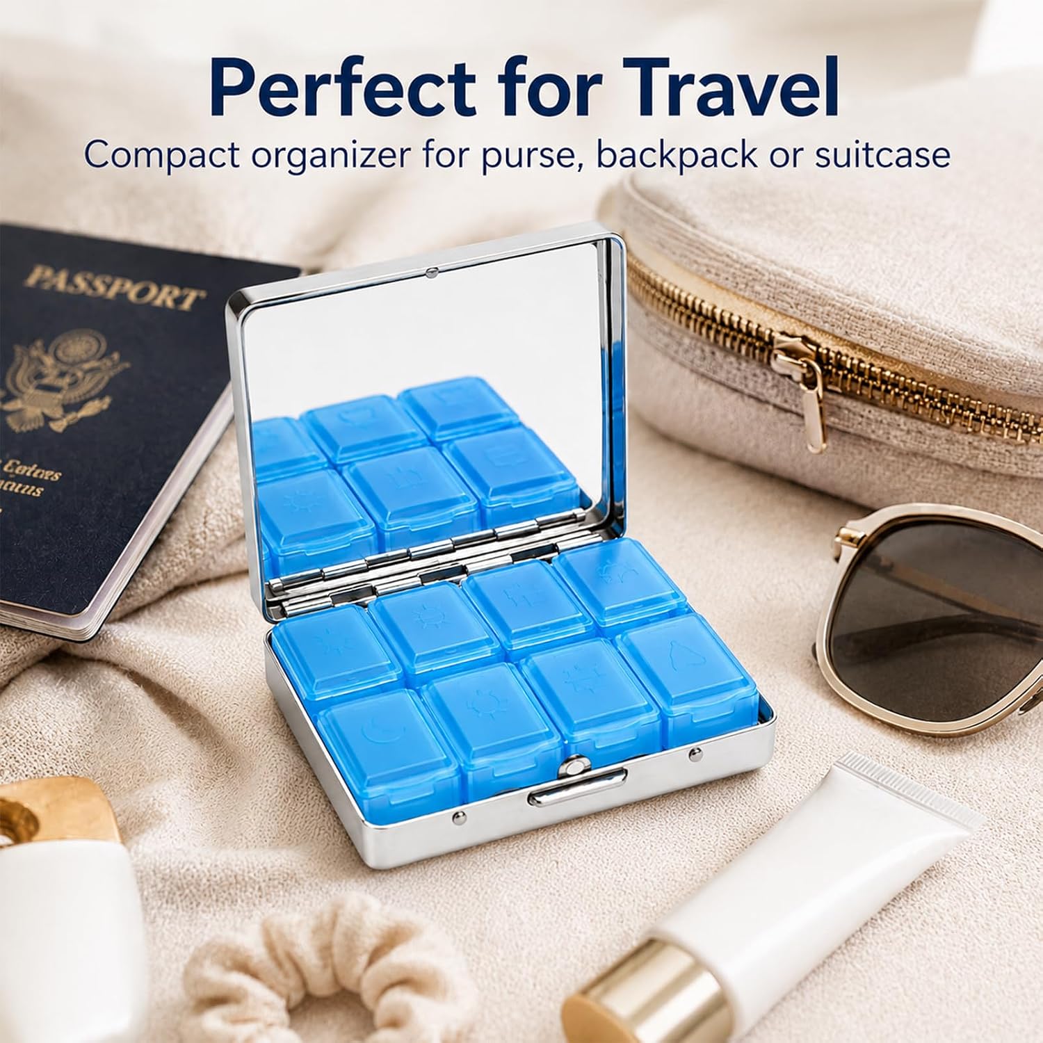 Compact 8 Compartment Metal Pill Box with Mirror for Purse(Bird)
