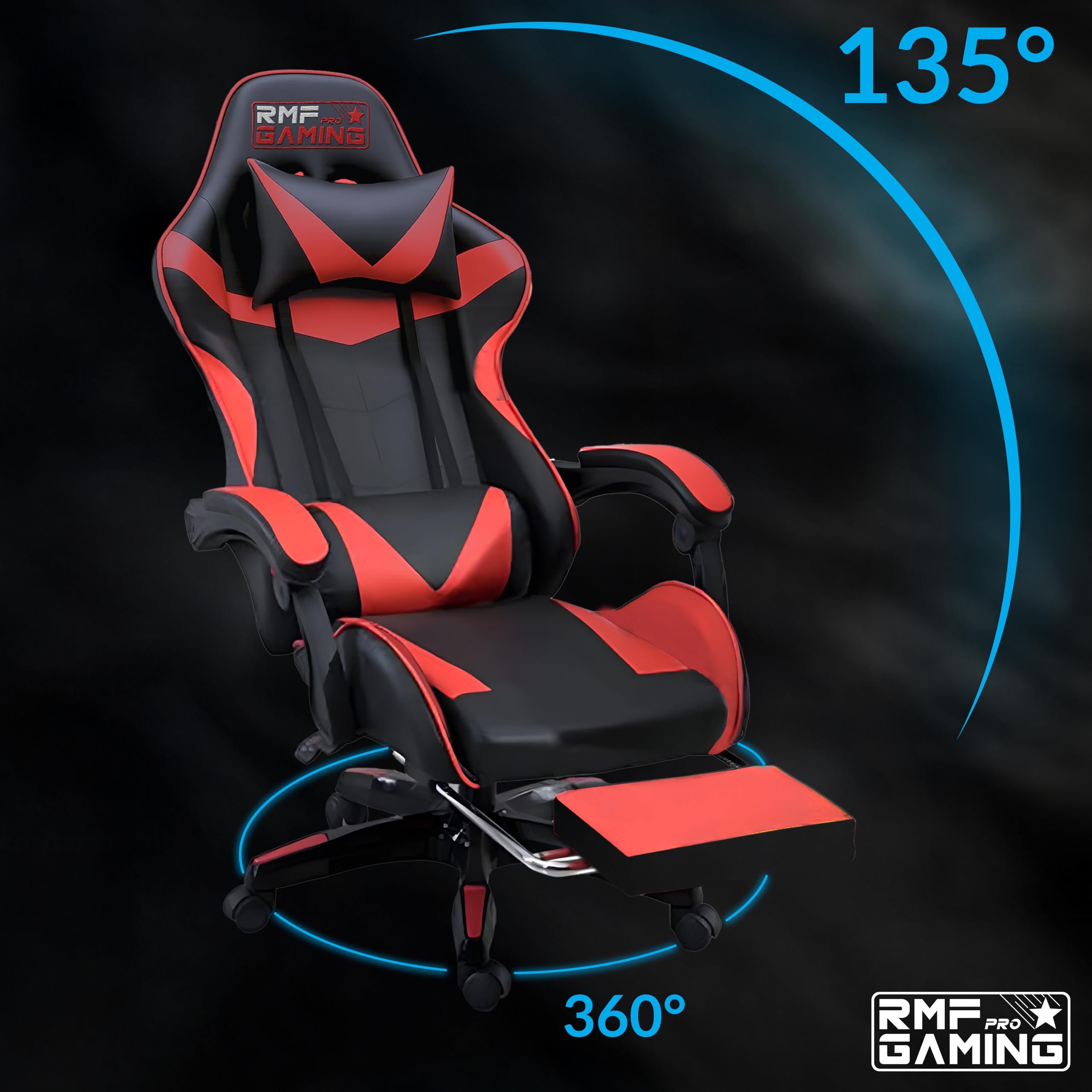 RMF Silla Gaming Profesional Ergonómica Reclinable, Sillón Gaming de Asiento Cómodo y Relajante con Reposapiés - Silla para Gamer con Ruedas Giratorias, Altura Ajustable Rojo/Negro