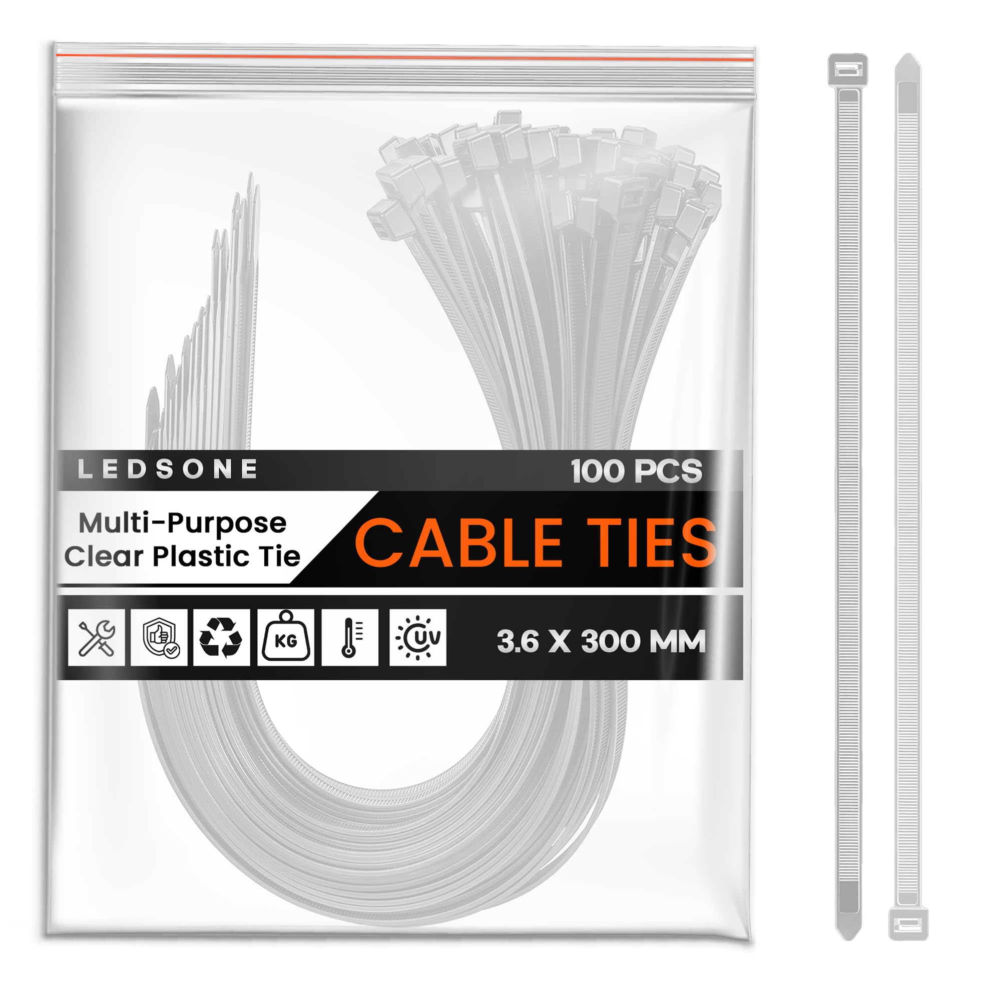 LEDSone White Pack of 100 Cable Ties 3.6mm x 300mm, Nylon Zip Ties, Multi-Purpose Tie Wraps, Secure Self-Locking Mechanism, for Home, Garden, Office and DIY