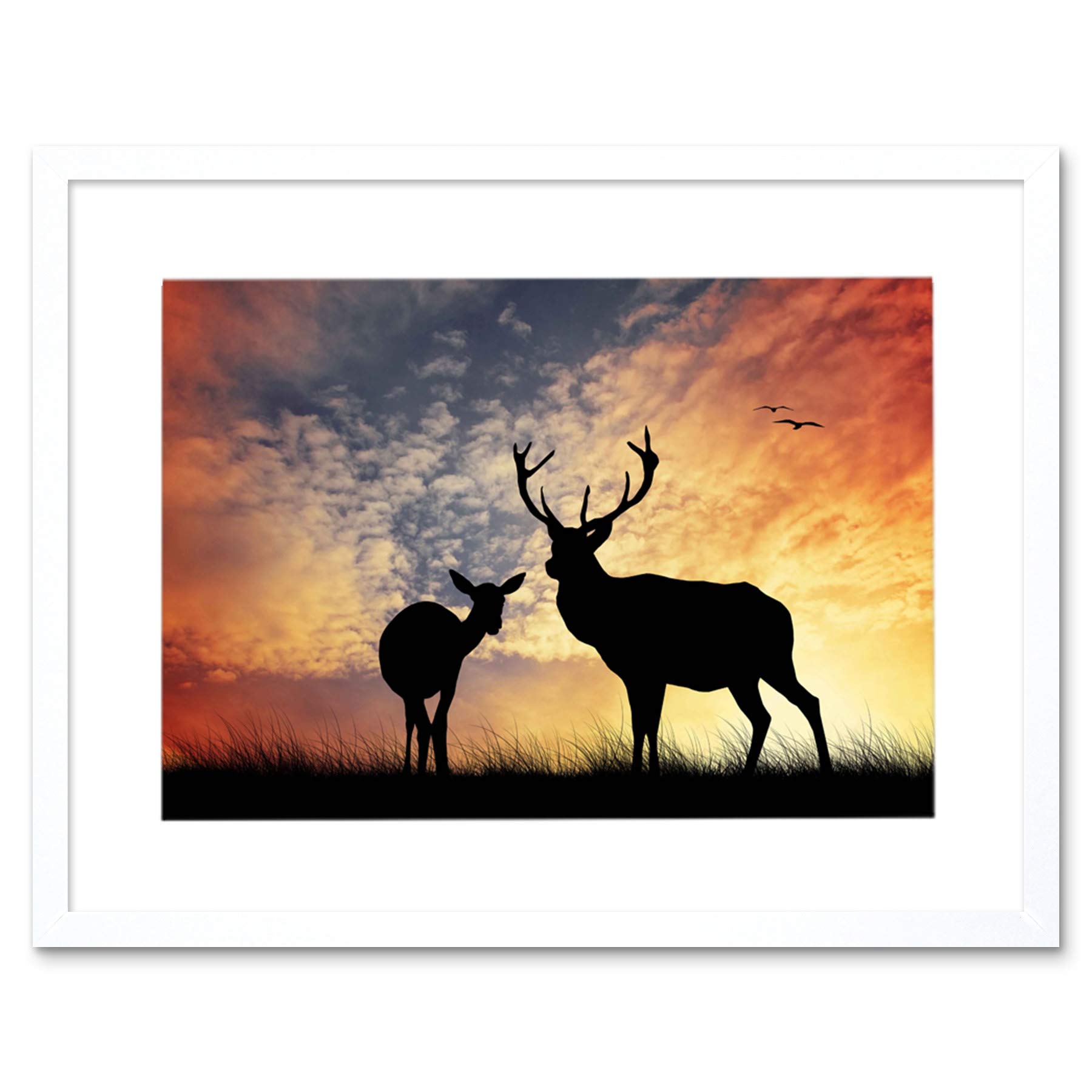 Wee Blue Coo Photo Composition Deer Silhouette Sunset Sky Stag Framed Print Picture F12X814