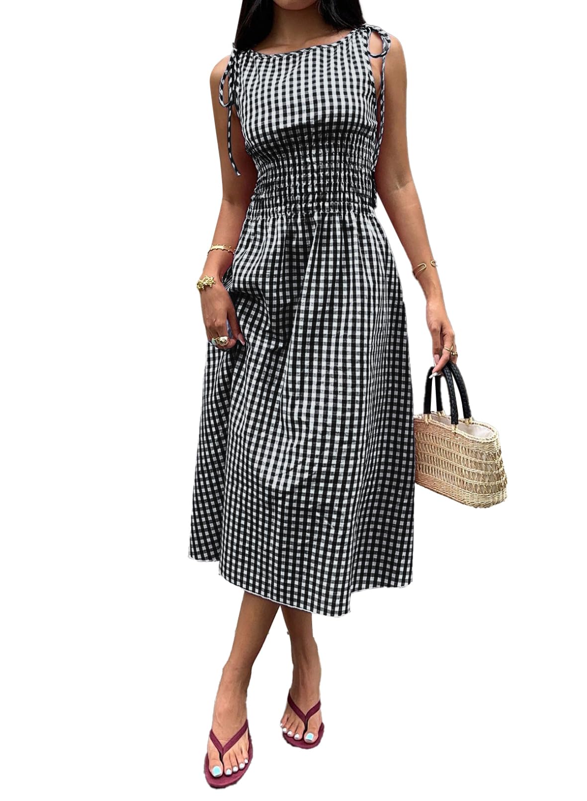 Acelitt Womens Gingham Dress Flowy Maxi Beach Sun Dresses