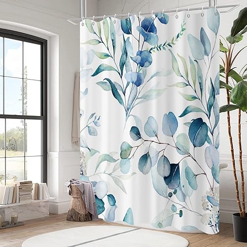 Miniatura 3 de Cortina de ducha de hojas de eucalipto azul, cortina de baño con plantas de acuarela botánica azul, decoración del hogar, tela impermeable lavable a
