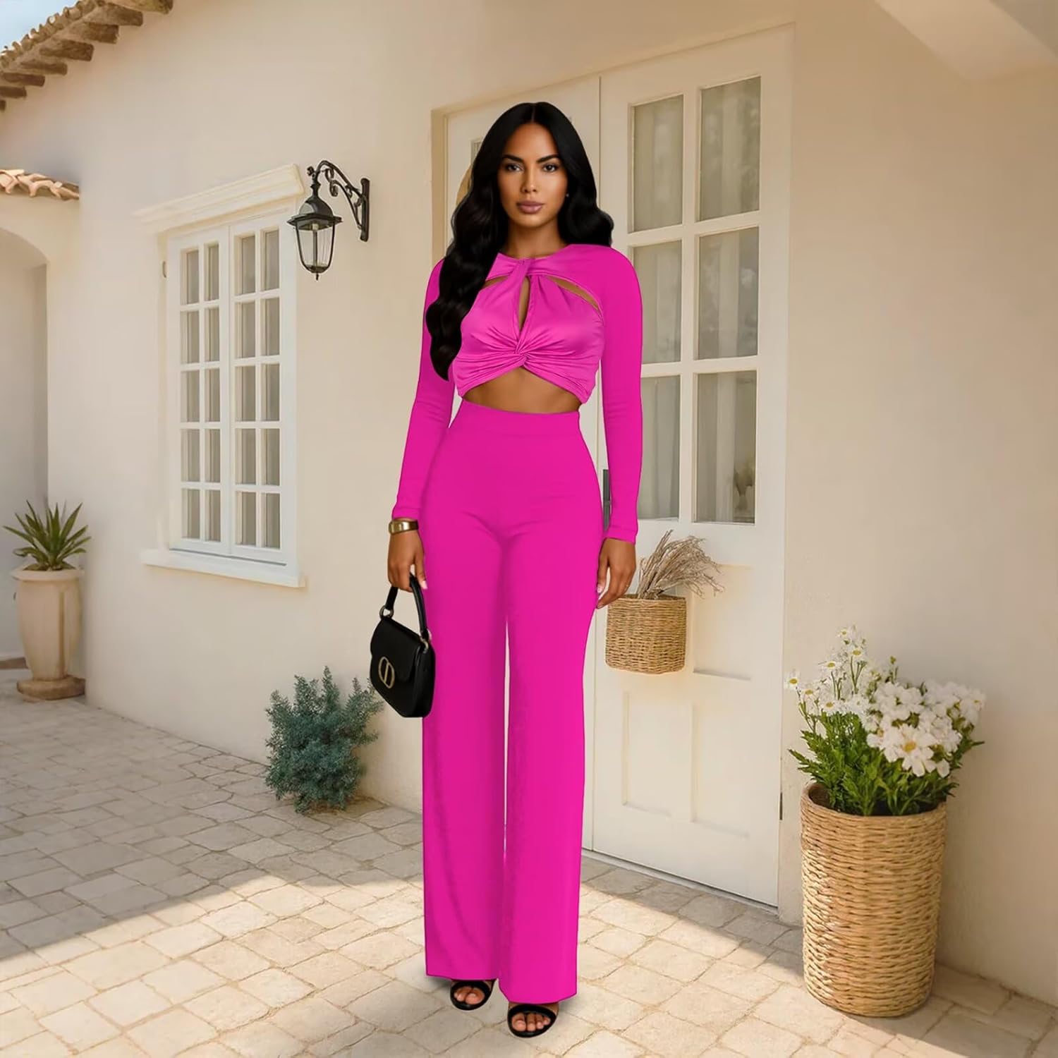 Sexy Two Piece Outfits for Women Fall Winter Long Sleeve Twist Front Crop Top Pants Set Party Club Outfits - Image 2