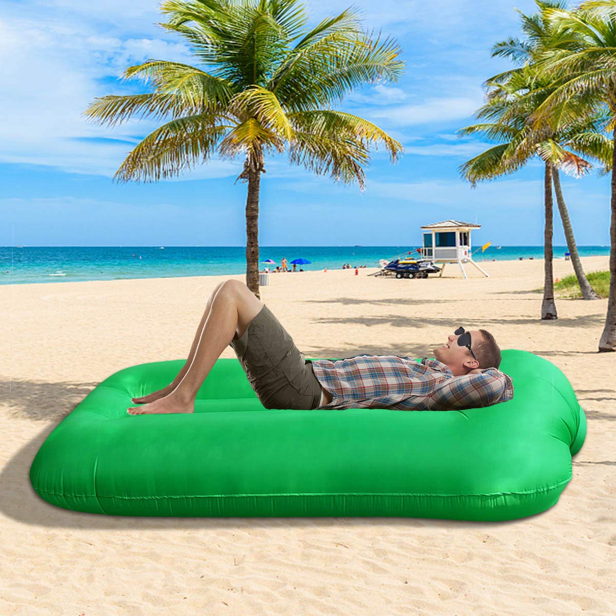 Canapé Gonflable Bleu Marine/rouge – Portable, Confortable Pour Jardin, Terrasse, Plage, Pique-nique
