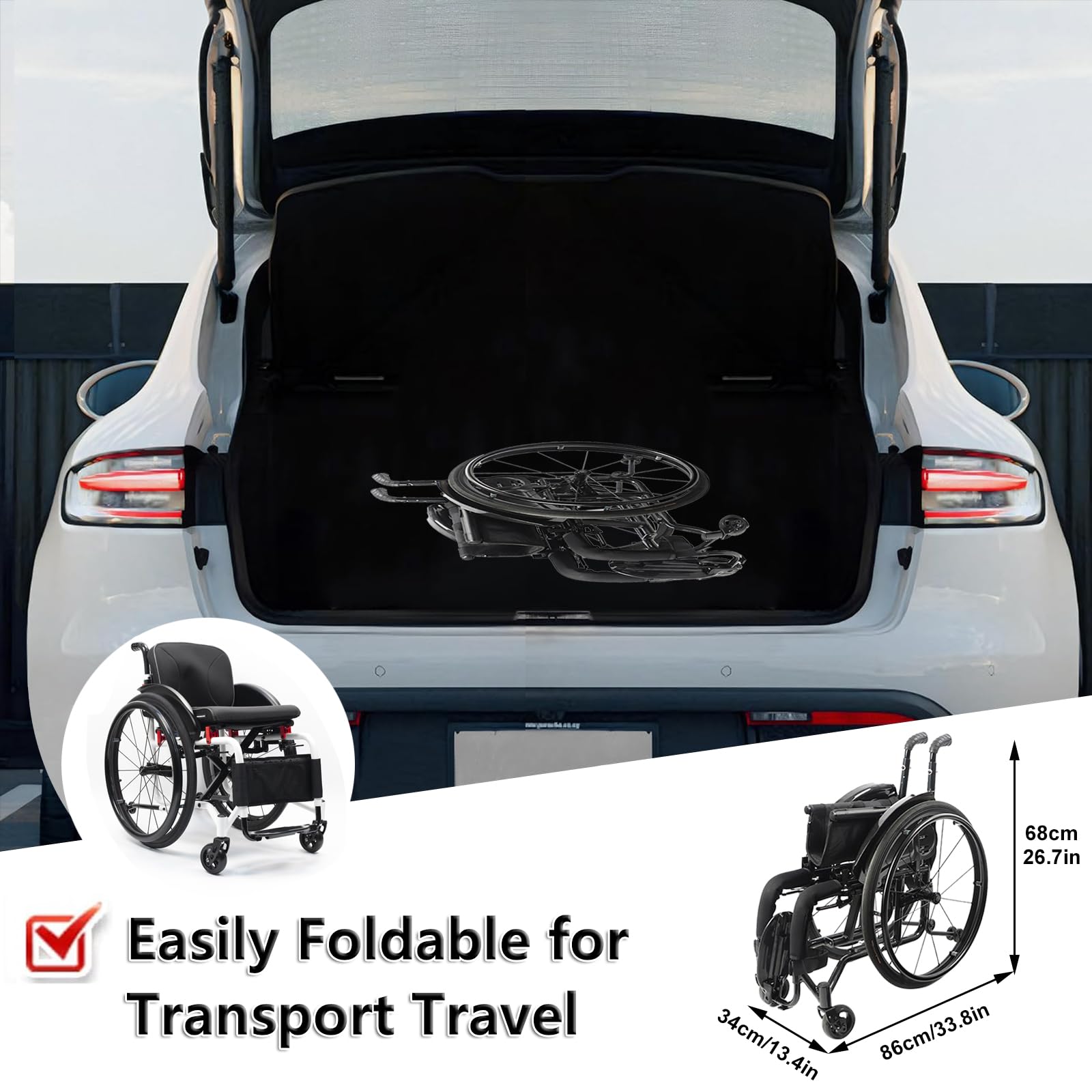 Silla de Ruedas Deportivas de aleación de Aluminio Ligera, Silla de Ruedas de Transporte Plegable Ligera, Silla Manual autopropulsada con Anti-basculante, con Frenos de Mano (42cm/16.5in)