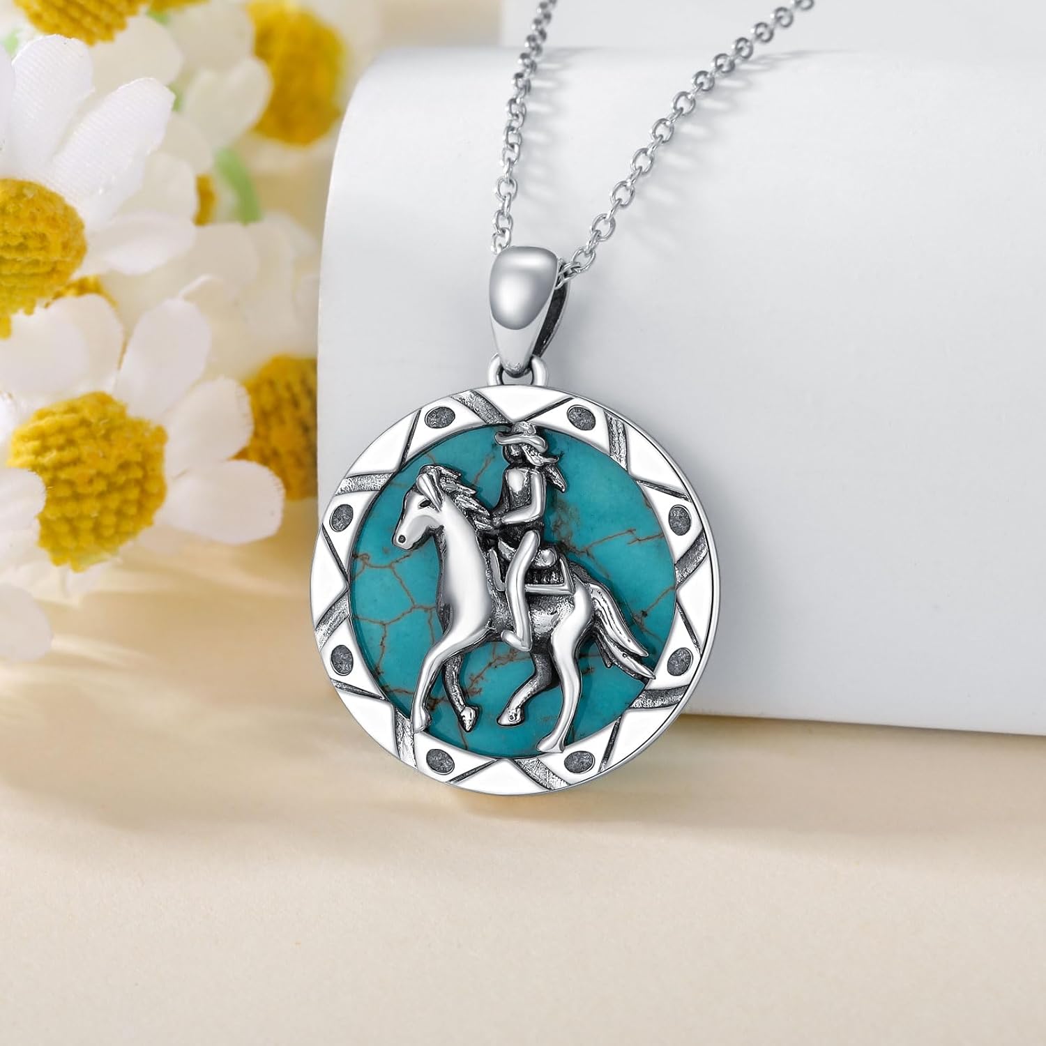 Horse and Young Lady Necklace 925 Sterling Silver Genuine Turquoise Lucky Horse Pendant Animal Jewelry Gifts for Women - Image 3