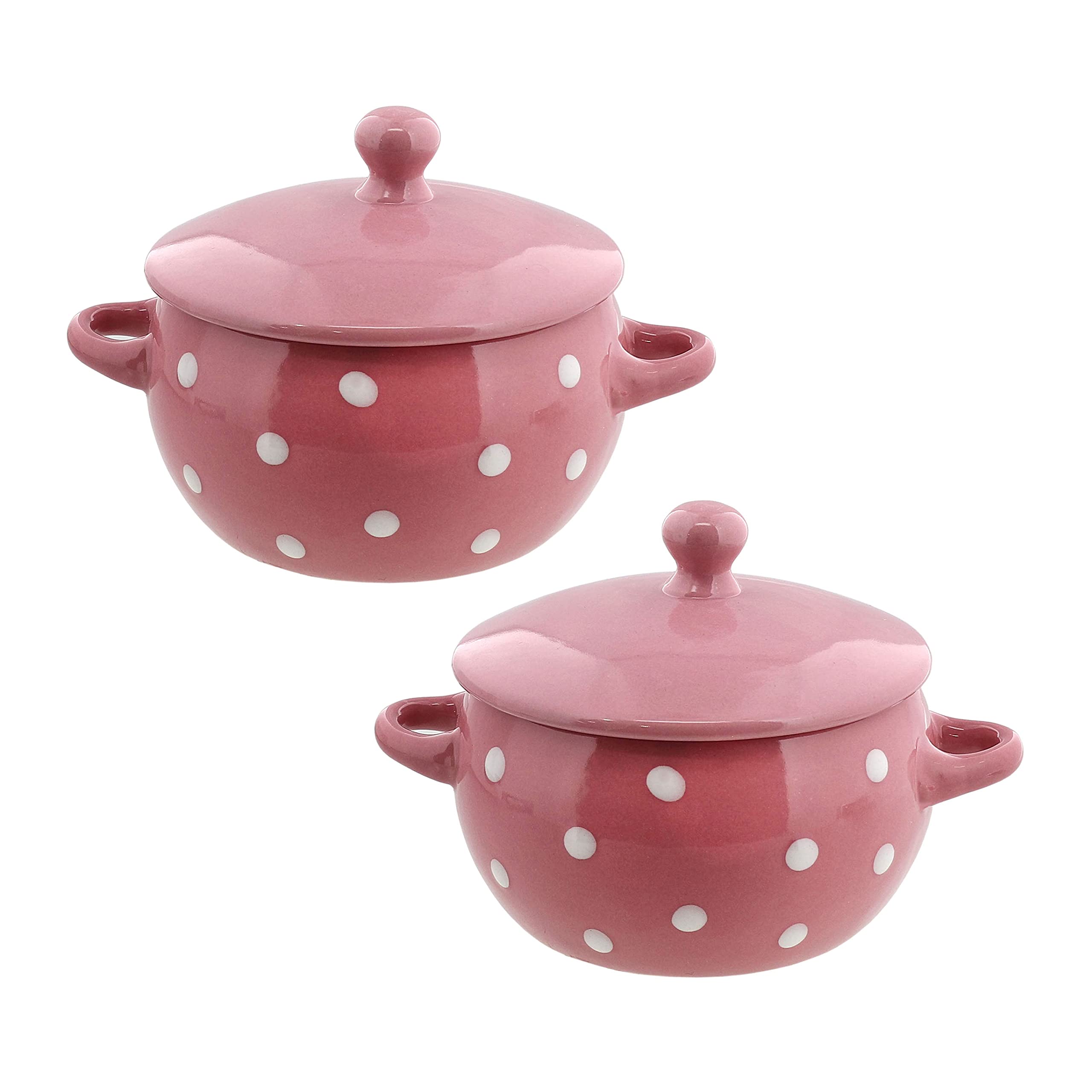 Servette Home Soup Bowls with Handles and Lids Ceramic Polka Dot Set of 2 Pink