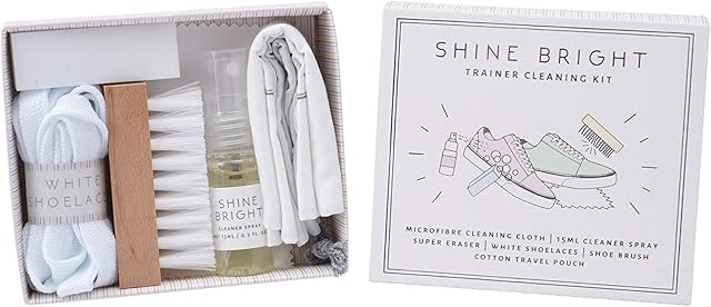 Willow & Rose 'Shine Bright' Trainer Cleaning Kit in Gift Box - 15ml Cleaner Solution/Spray, Shoe Brush, Cleaning Cloth, Shoelaces, Comes with Travel Pouch