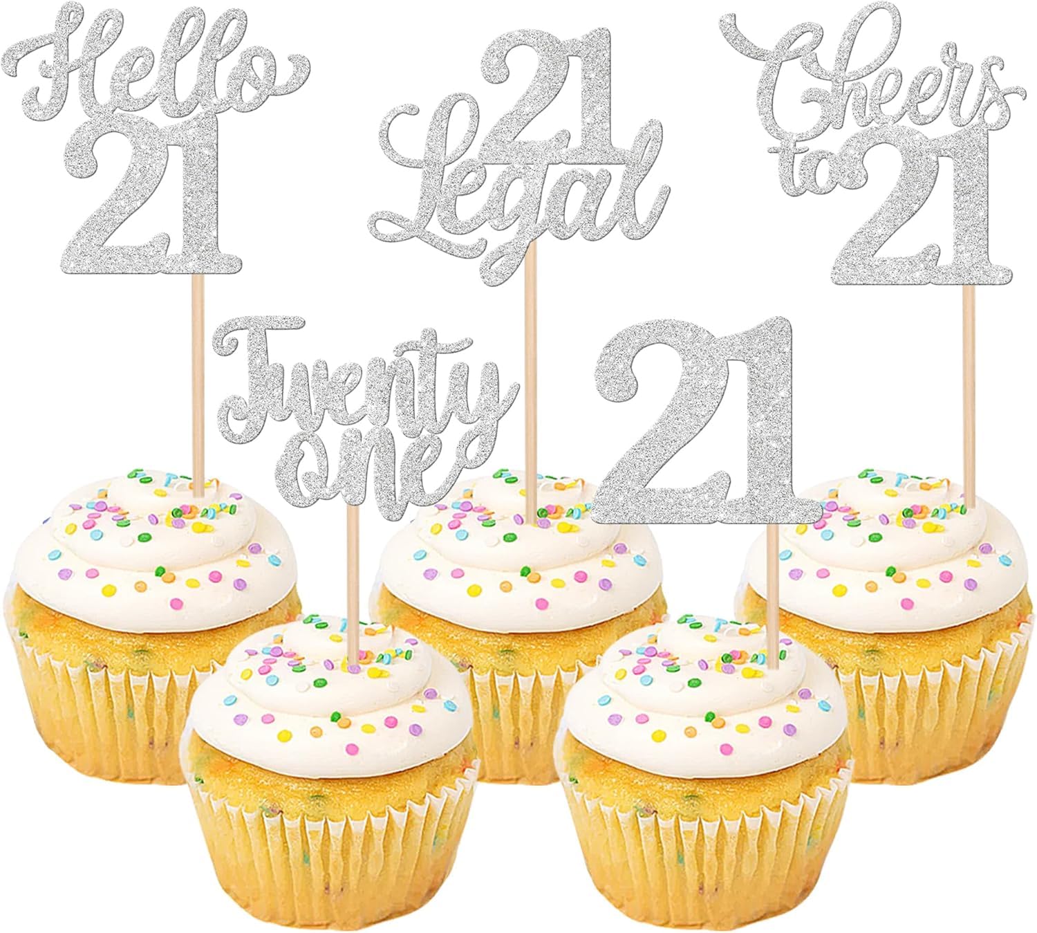 30 Stück 21st Geburtstag Tortendeko Glitzer Hello 21 Cheers to 21 Cupcake Toppers 21 Legal Twenty-one Kuchen Deko für Prost auf 21 Geburtstag Jahrestag Party Kuchen Dekoration Silber
