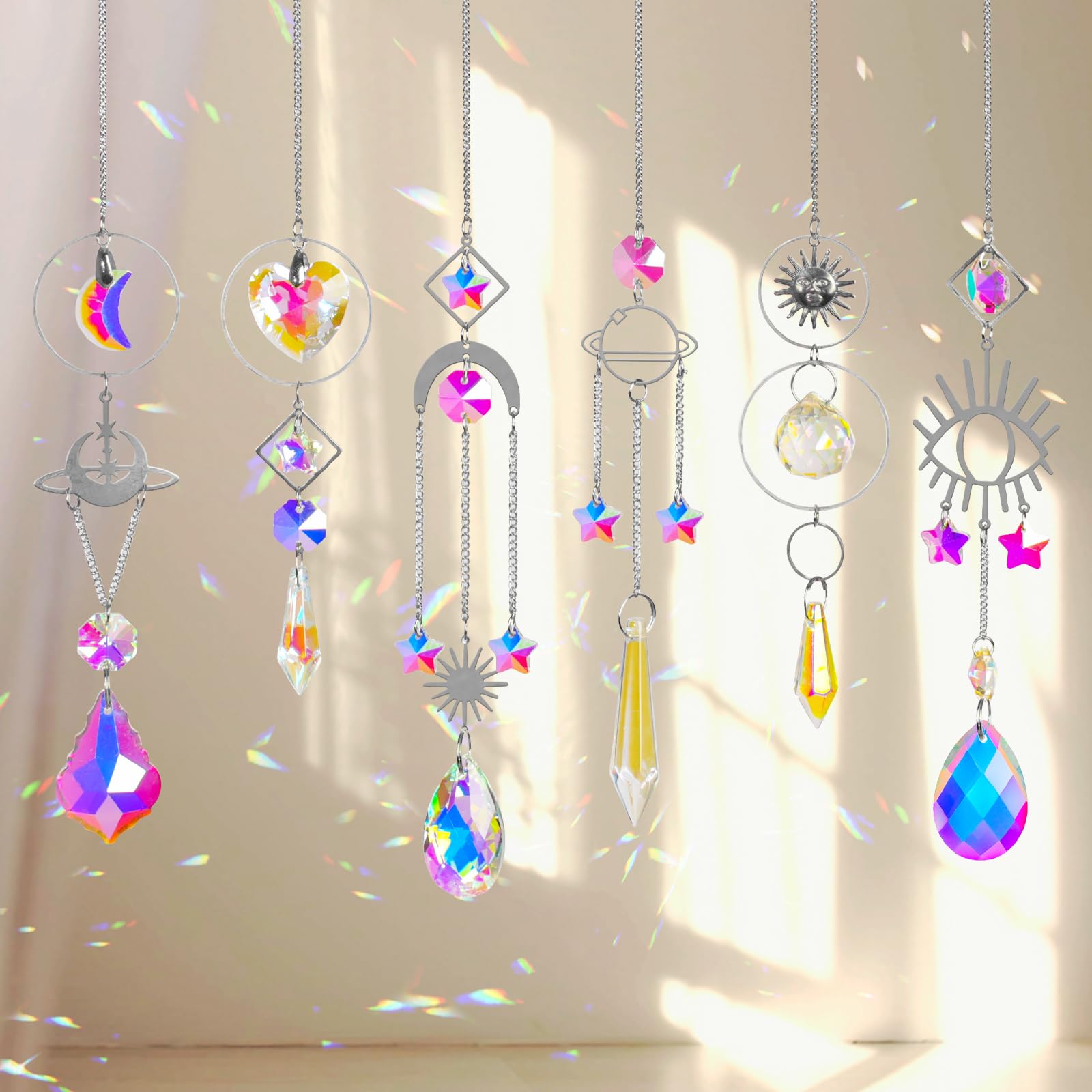 Sun Catchers 6Pieces Colorful Crystals Suncatcher with Chain Pendant Ornaments Hanging Crystals Prism Rainbow for Window Home Indoor Outdoor Car Mirror Garden Christmas Day Party Wedding Decoration