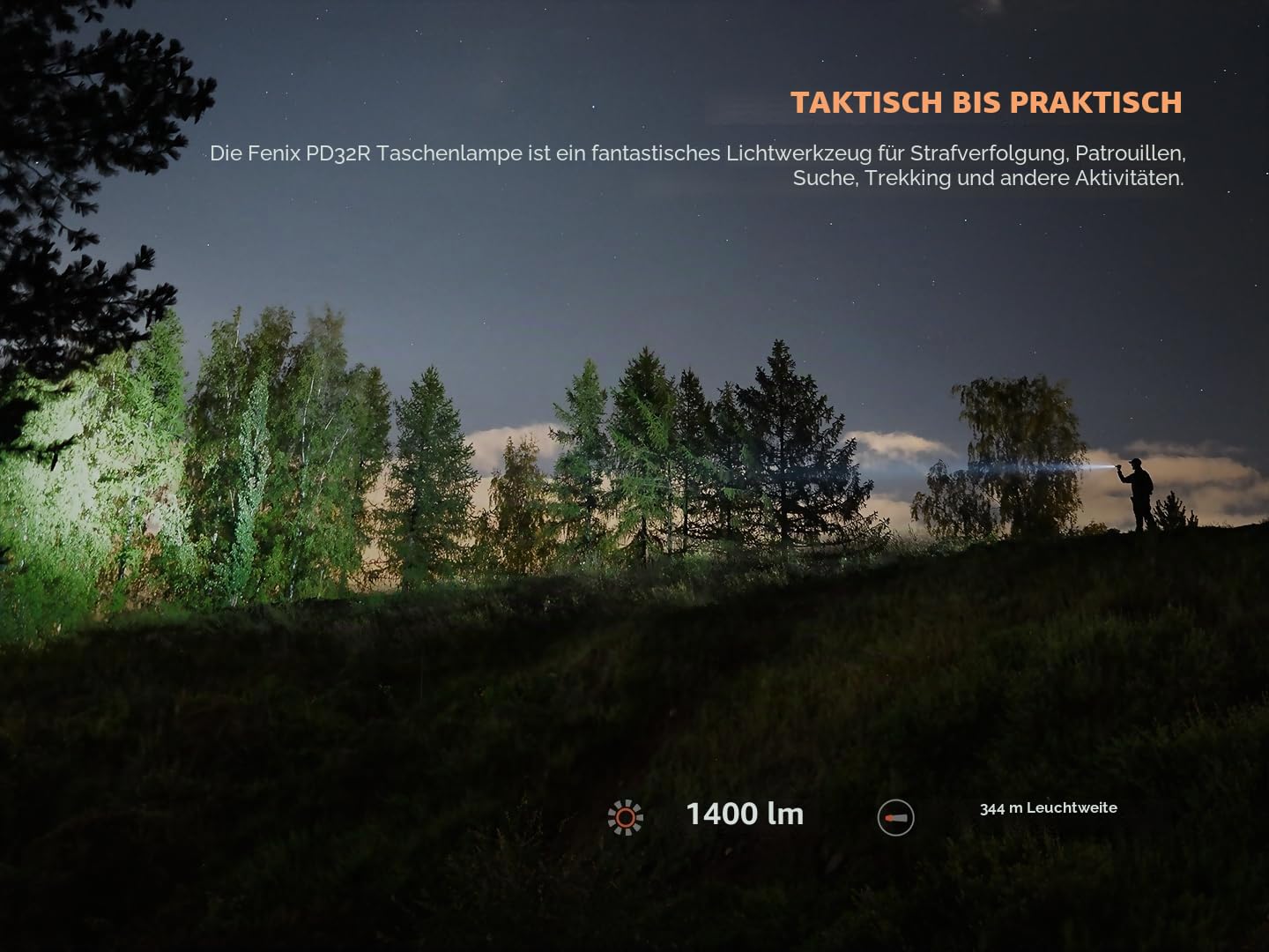 fenix PD32R Wiederaufladbare, kompakte LED-Sicherheits-/Polizei-Taschenlampe mit großer Reichweite | 1400 Lumen | 344 m | 70 Stunden Max | Leiser taktischer Schalter | 3400 mAh 18650 batteriebetrieben