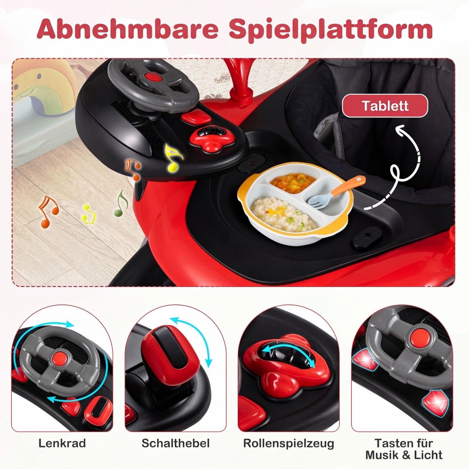 GIANTEX 7 en 1 Trotteur Bébé, Trotteur Marche Bebe Évolutif Pliable, 3 Hauteur Réglable, Capote&Tapis de Saut Amovibles, Roues Contrôle Vitesse et Sonores&Lumière, 7-18 Mois, Charge 12KG (Noir+Rouge)