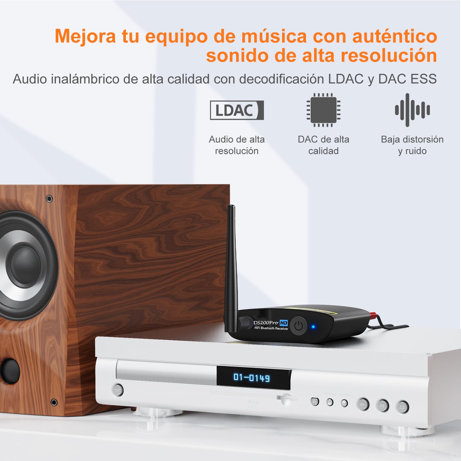 1Mii DS200Pro Receptor Bluetooth 5.3 HiFi para Estéreo, Adaptador Audio Bluetooth DAC de Audiófilo, Hi-Res, aptX HD, LDAC, Salida RCA/Opt para Home Cinema, Receptor AV o Amplificador