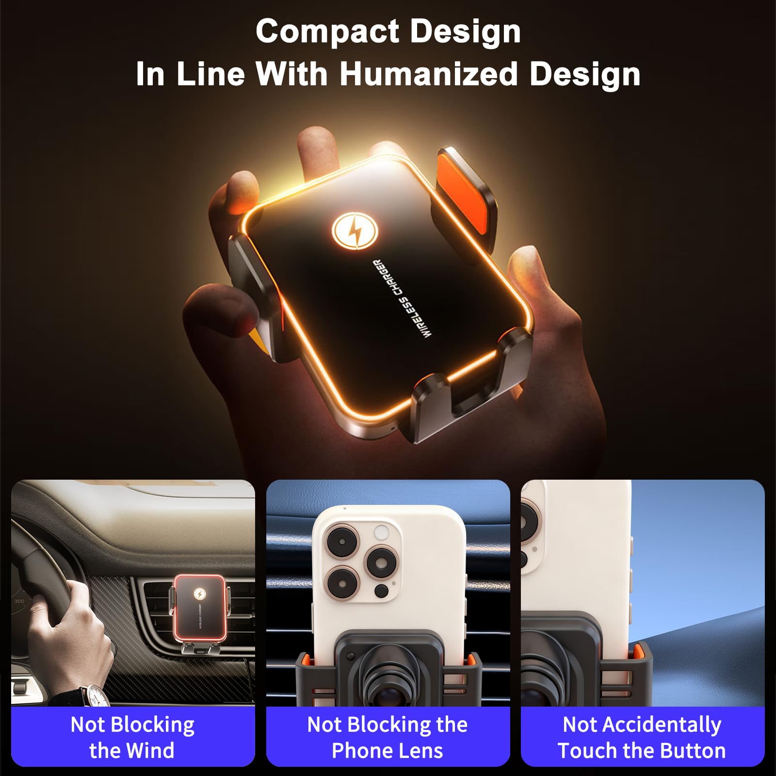 Supporto per cellulare da auto da 15 W, con funzione di ricarica, morsetto automatico, touch, ricarica induttiva, luce RGB, rotazione a 360°, caricatore rapido