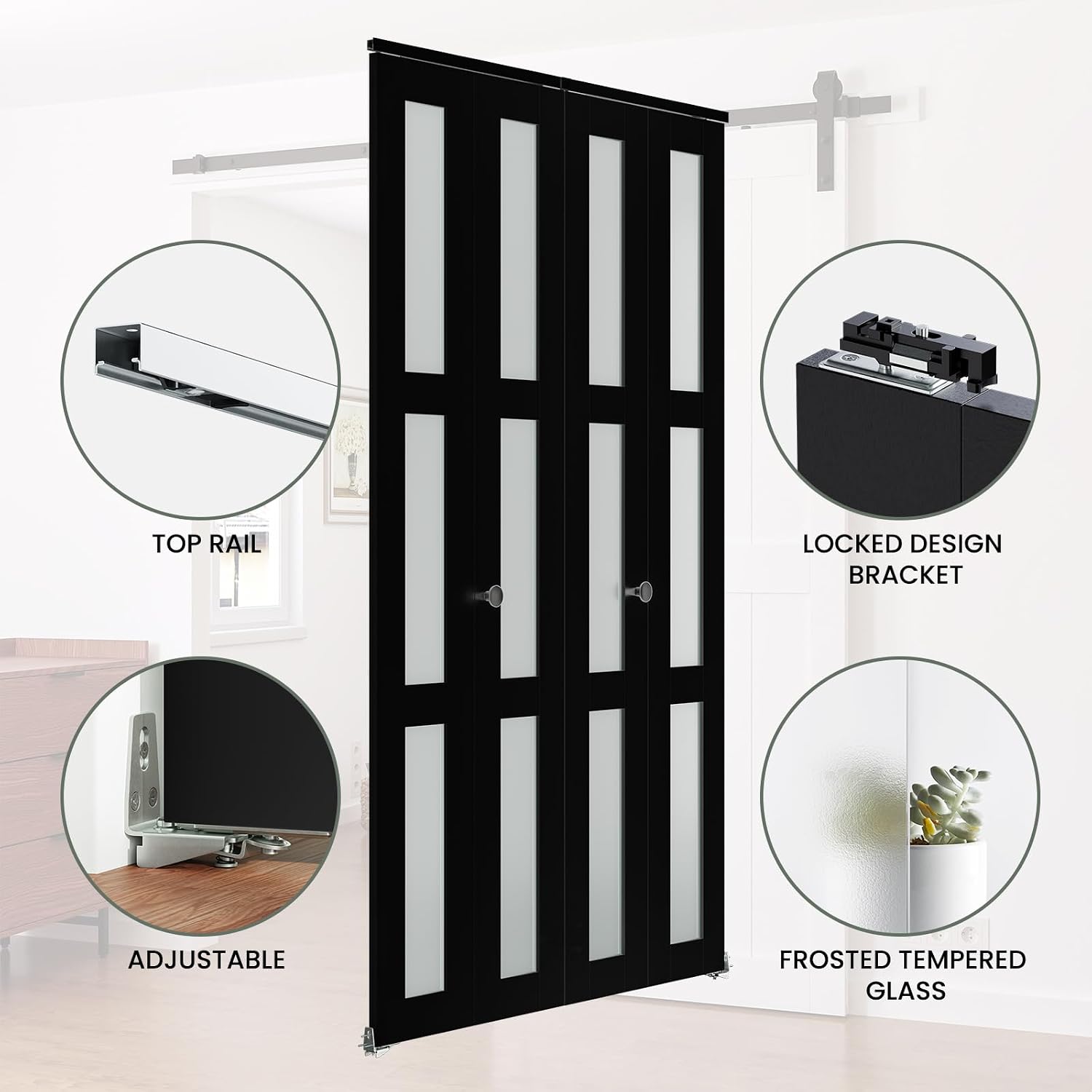 Bifold Door, for 56"x 80" Opening,Tempered Frosted Glass Black Folding Closet Door with Hardware Kit