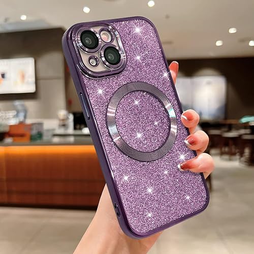 Miniatura 2 de Funda para iPhone 15 de 6.1 pulgadas con purpurina magnética, compatible con MagSafe, funda transparente de lujo, protector completo de lente de