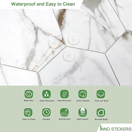 Miniatura 4 de Azulejo de piedra para cocina, despegar y pegar, azulejos largos hexagonales autoadhesivos, mármol dorado Calacatta en azulejos decorativos de pared