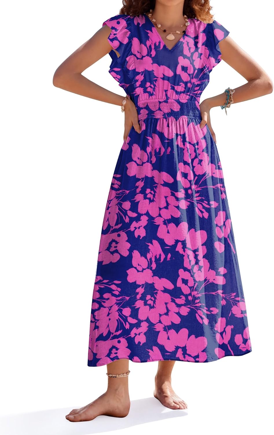 Kate Kasin Women's 2026 Summer Dress, Casual Floral Beach Maxi Dresses, Flutter Sleeve Long Flowy Boho Vacation Sundress