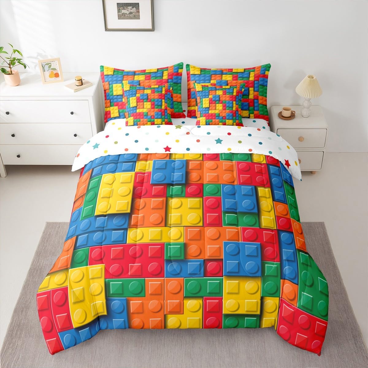 Erosebridal Construction Bed in a Bag Queen Comforter Set 7 Piece,3D Building Blocks Bedding Sets,Colorful Sheet Set Kids Boys Bricks Gradient Rainbow Gaming Room Decor,Yellow Green Blue Orange Red