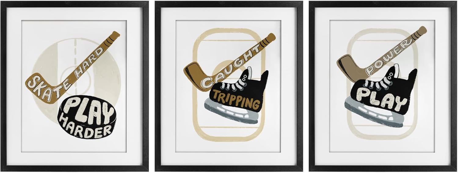 Stupell Industries Fun Hockey Sports Phrases 3 Piece Black Framed Print Under Glass Set, design by Connie Summers, 16 x 13