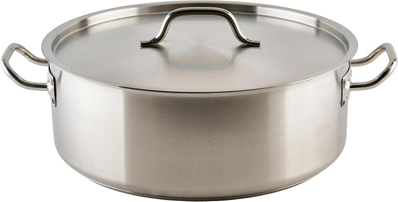 Winco 20 qt Stainless Steel Brazier Pan with Lid | Flat bottom, Wide base, Riveted handles, Induction safe, Great for Braising, Simmering, Batch Cooking and Restaurant Kitchens