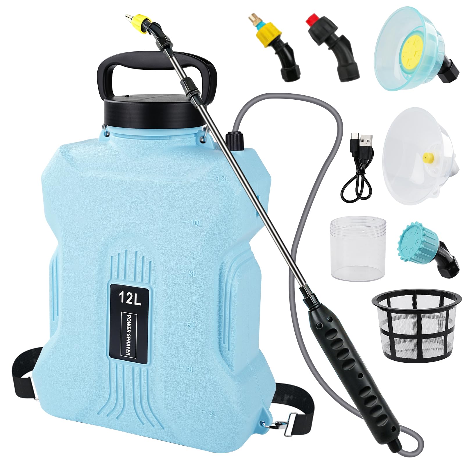 Nikou Pompa Irroratrice a Batteria 12L, Spruzzatore a Pressione Elettrico Zaino Nebulizzatore, con Lancia Telescopica, Spallacci Regolabili, 5 Ugelli, per Giardino Foresta Agricoltura