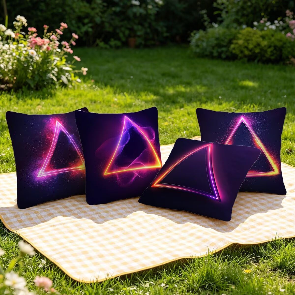 Federe Cuscino Divano 60x60, Viola Cuscini per Divano da Esterno Set da 4, Lino Copricuscini Divanos Impermeabile, Copri Cuscini Geometria Motivo Fronte Retro Stampato per Giardino, Sofá, Balcón, A-17