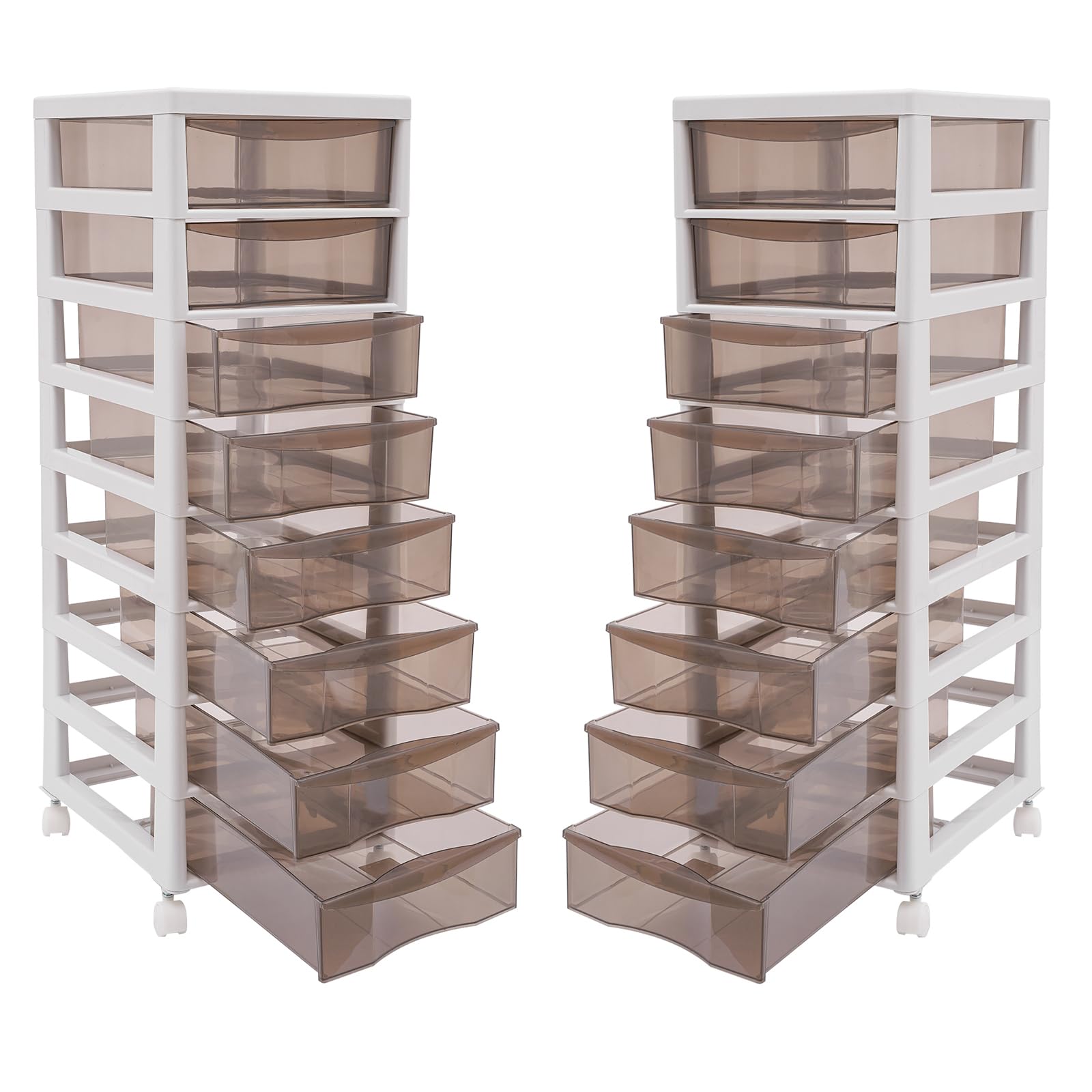 Armadietto con 7/8 cassetti da scrivania in plastica PP, cassetti trasparenti con maniglie, 4 rotelle, colore cachi, per ufficio, cosmetici, giocattoli (8 cassetti)
