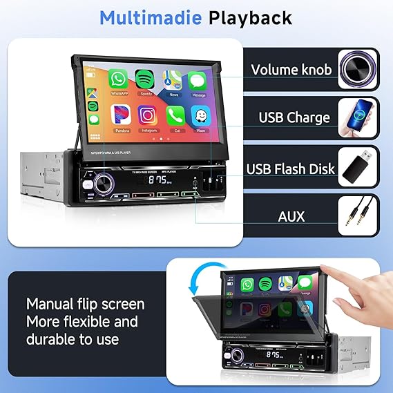 Podofo Upgrade Wireless CarPlay Single Din Radio 7 Inch Flip Out Touchscreen Car Stereo with Wireless Android Auto Bluetooth Mirror Link AM/FM USB Car Play Car Audio Receiver HD Backup Camera