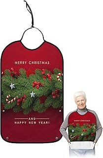 BOBOWUNY Christmas Pine Branches Crutch Pond Adult Bibs for Elder Women Men Eating, Red Backdrop Waterproof & Washable Bibs for Eating Clothing Protector Dining Bibs for Crumb Catcher