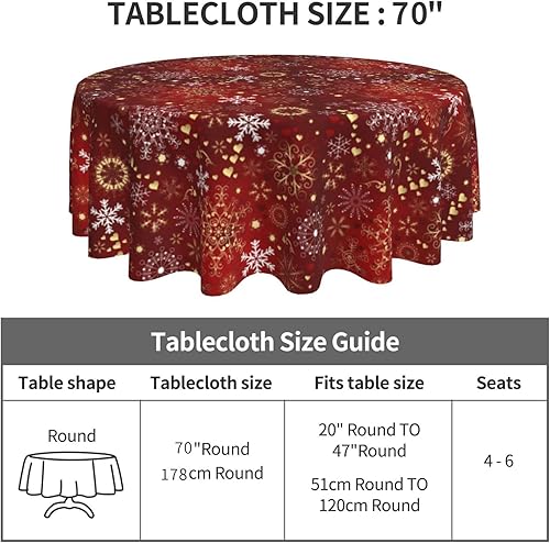 Miniatura 6 de Mantel de Navidad, mantel redondo rojo de invierno de 70 pulgadas, mantel de copo de nieve dorado navideño para decoración rústica de cocina de