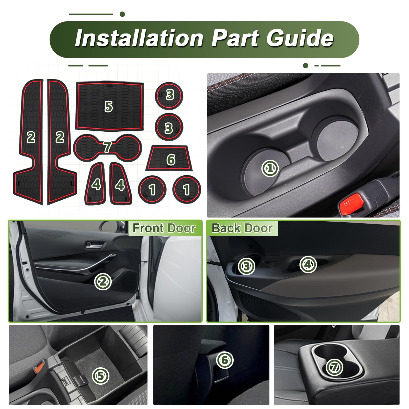 per Toyota Corolla E210 2018-2025 Tappetini Antiscivolo per Toyota Corolla Hatchback Sedan Touring Sports Tappetini in Gomma per Console Centrale, Porta Bicchieri, Scanalatura Porta (Rosso)
