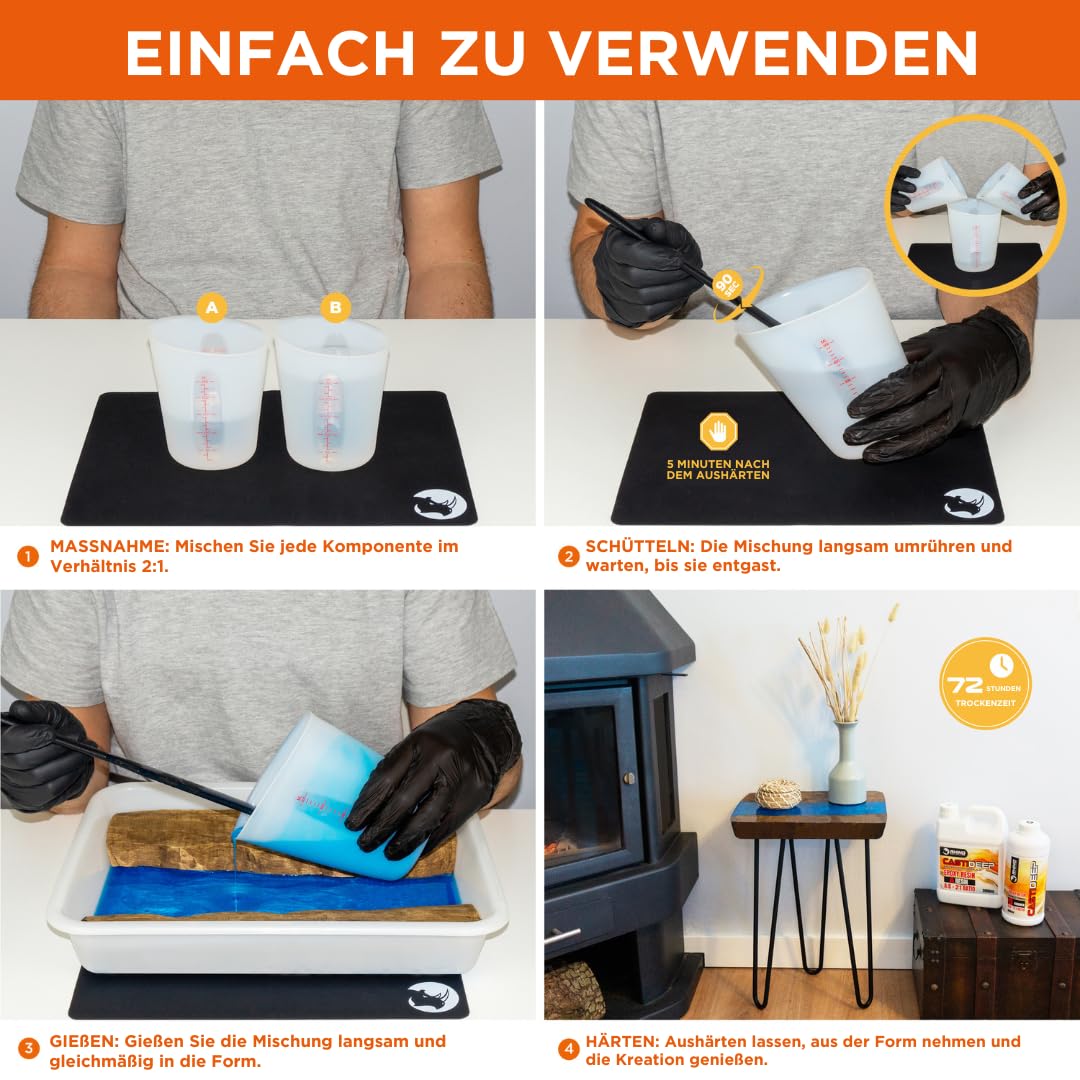 RHINO Smart Solutions TRANSPAREX+ 2000ml Epoxidharz Set 1:1 Resin 1.000ml Kristallklar mit Härter 1.000ml für Gießen Beschichtung DIY Malerei Handwerk Holz Deko Tischplatte | Ink Zubehör Kunstharz