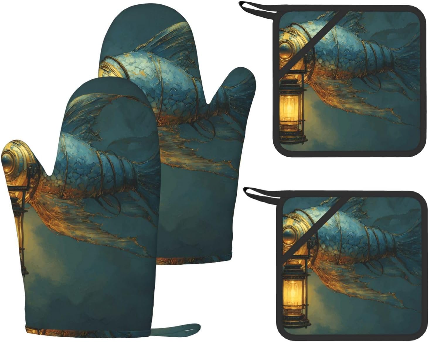 Lanternfish 4pcs Oven Mitts and Pot Holders Sets for Kitchen, Silicone Oven Gloves Non-Slip Potholders Hot Pads for Baking Cooking