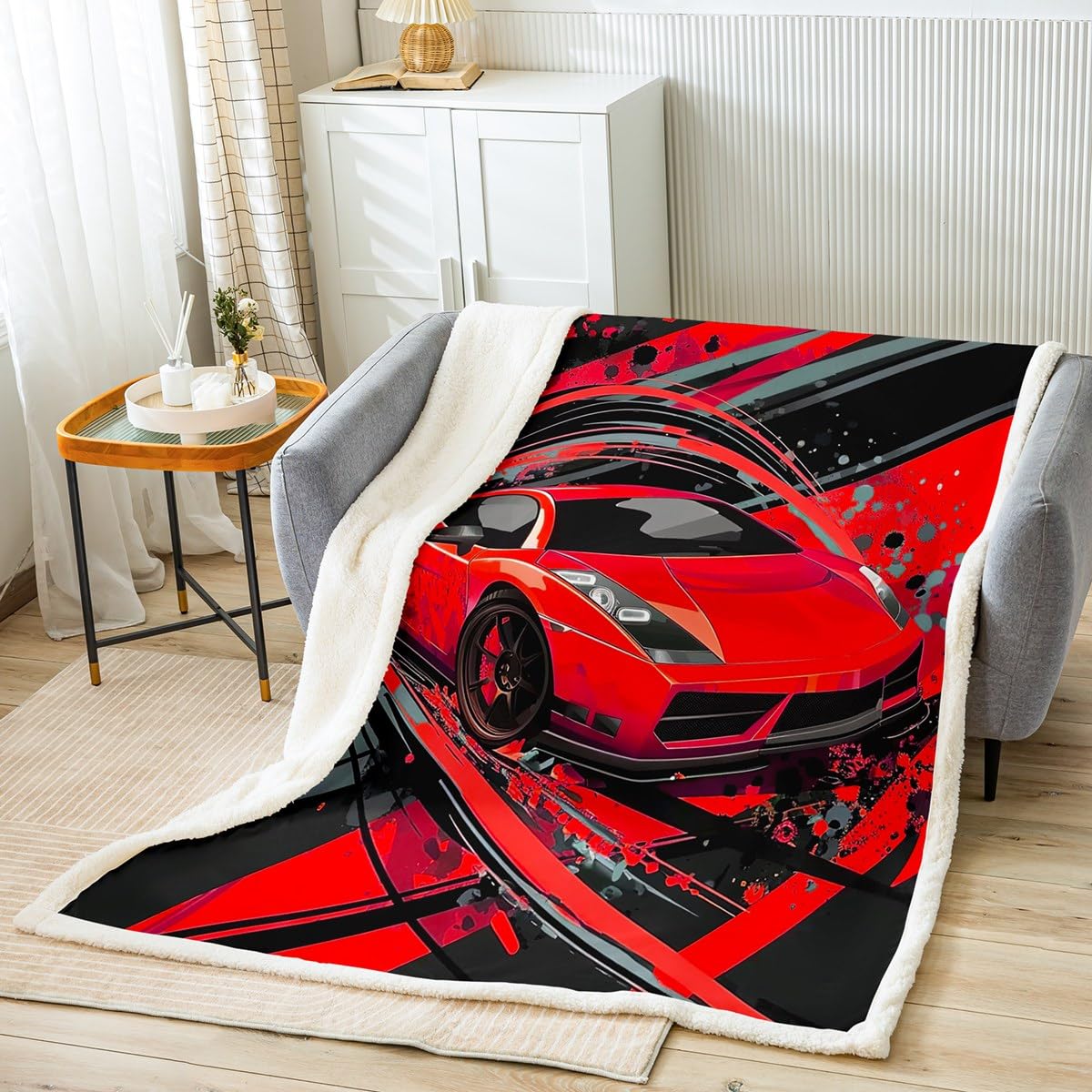 Car Blanket For Boys Racing Sports Car Throw Blanket Kids Extreme Sports Game Flannel Blanket Decor Girls Children Bedroom Teens Red Cool Speed Automobile Honeycomb Sherpa Blanket Queen 90